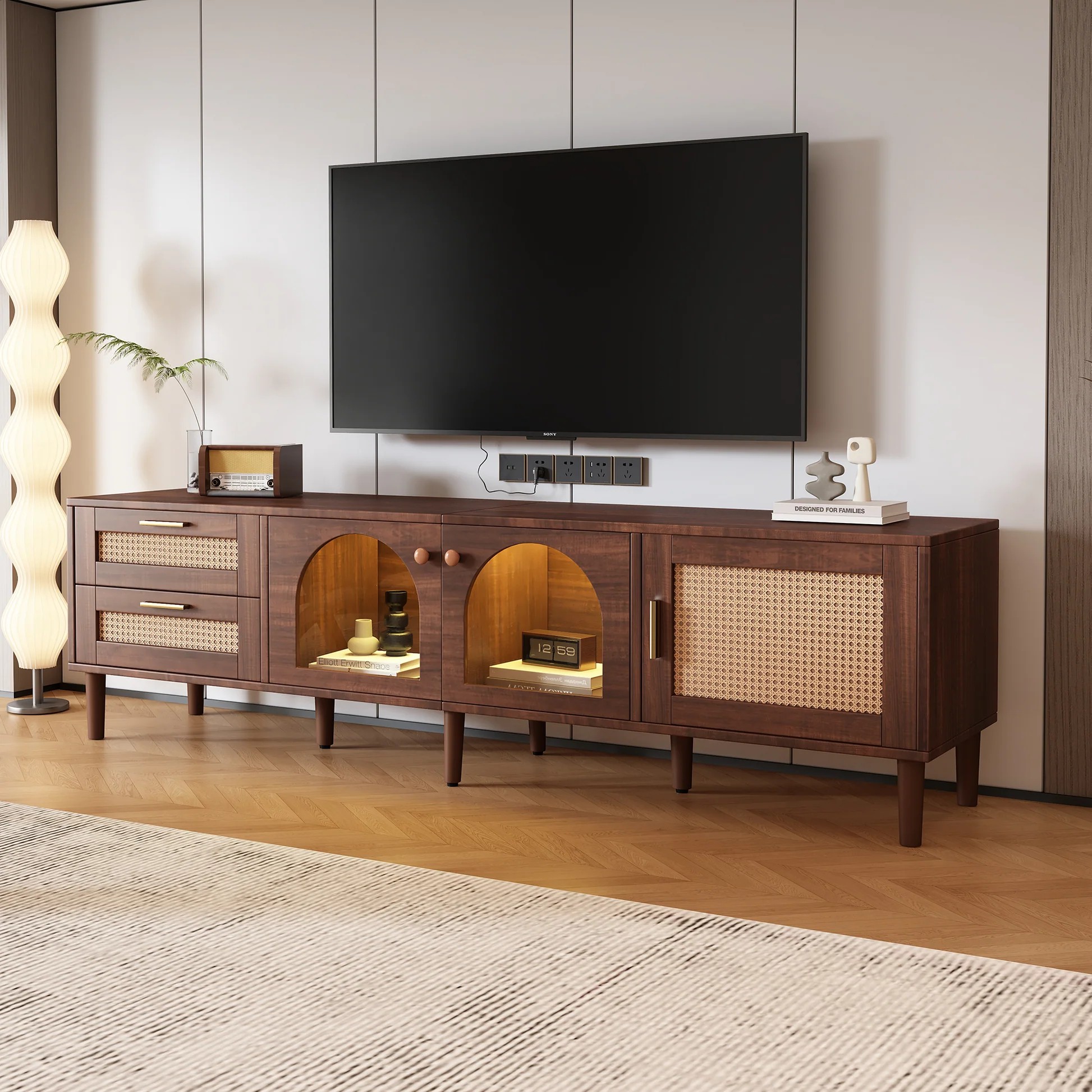 Rattan TV Stand with 3 Cabinets & 2 Drawers, Rattan-inspired Media Console Table for TVs up to 80'', LED Light Entertainment Center, TV cabinet for Living room, Bedroom, Home Theatre WF324225AAP63956772833410120