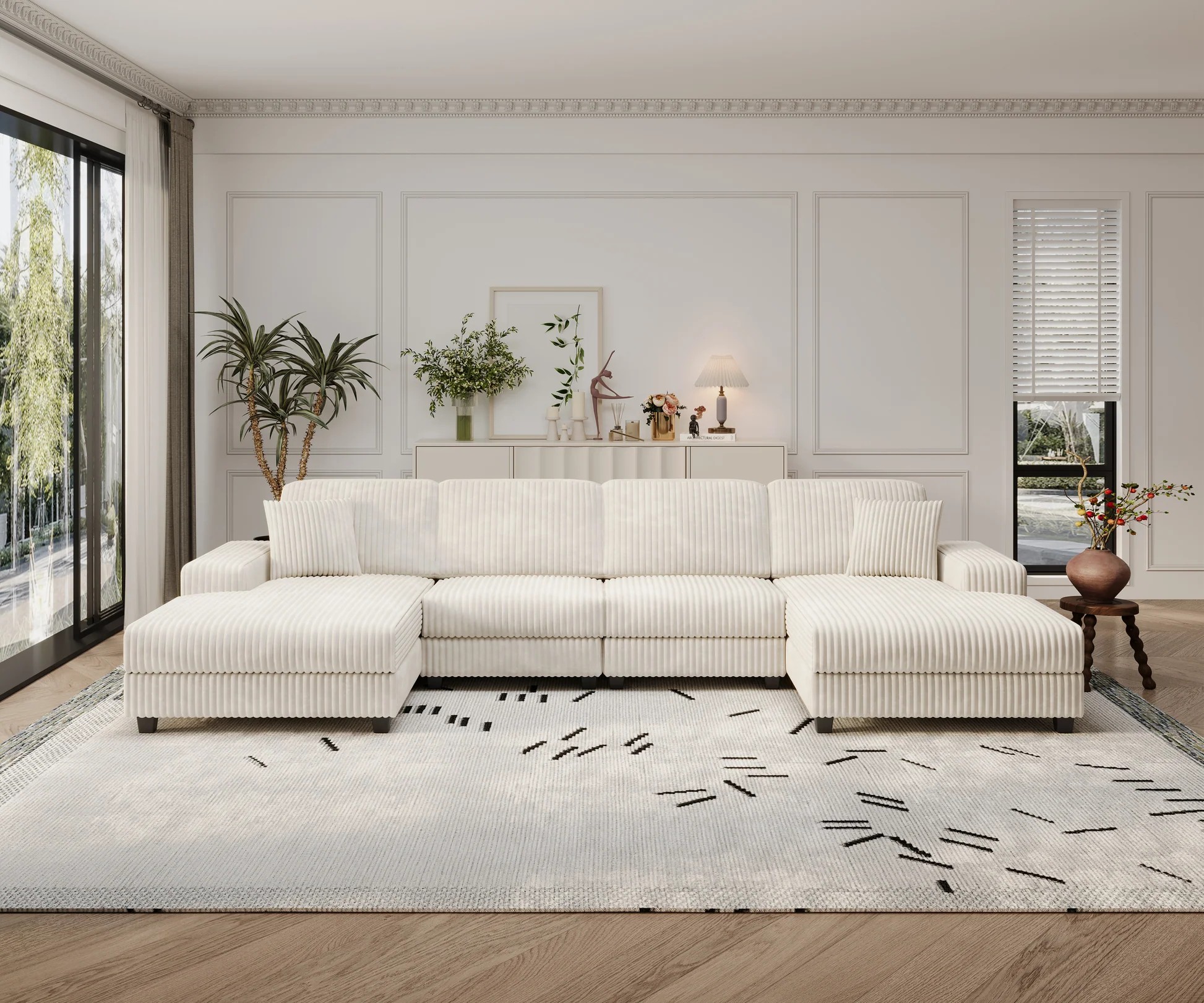 Convertible U-shaped Combination Sofa, Corduroy Fabric, Modern Comfortable Large Size 4 Seat Sofa, Living Room Double Lounge Chair,Beige W1793S0002763889121819137120