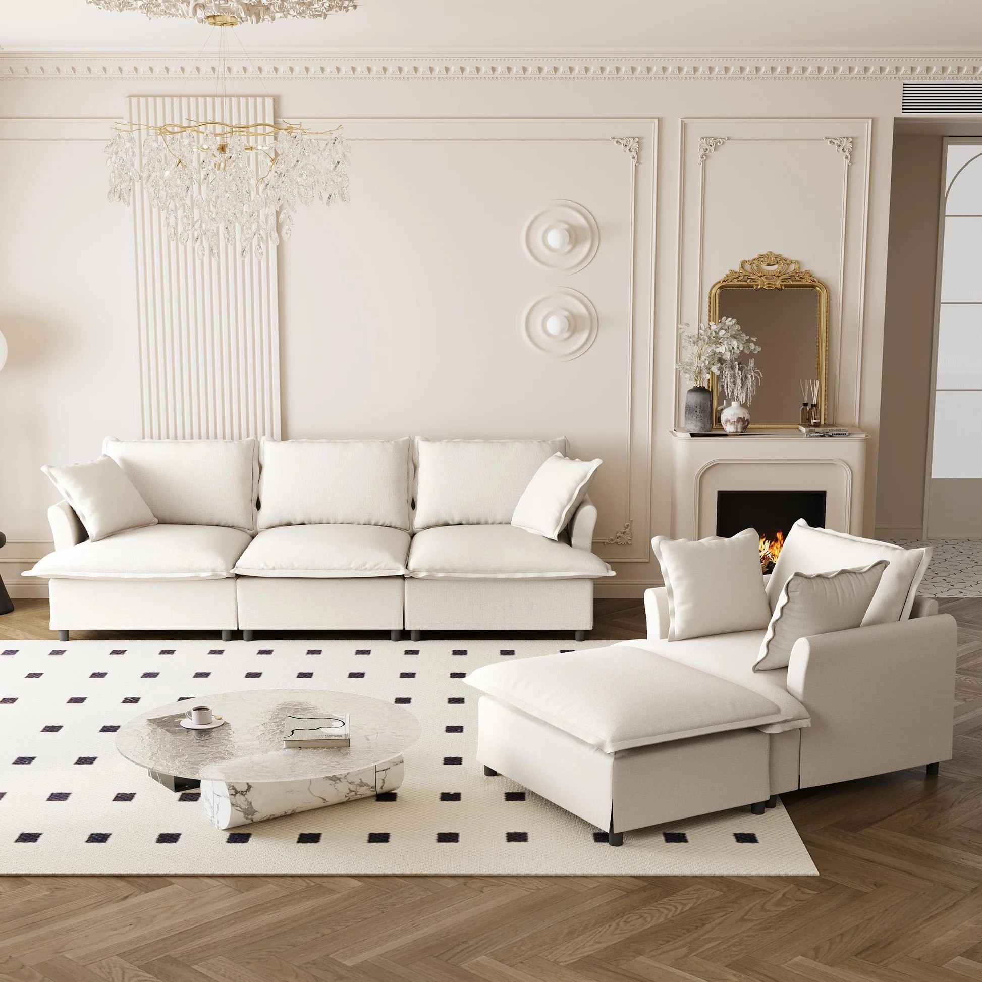 [New+Video] 3 Piece Living Room Sofa Set,Modular L Shaped Chenille Sectional Couch,Upholstered 3 Seater Sofa & Armchair & Movable Ottoman,5 Seat Indoor Furniture for Office,Bedroom,Apartment,2 Colors 63889041186435120