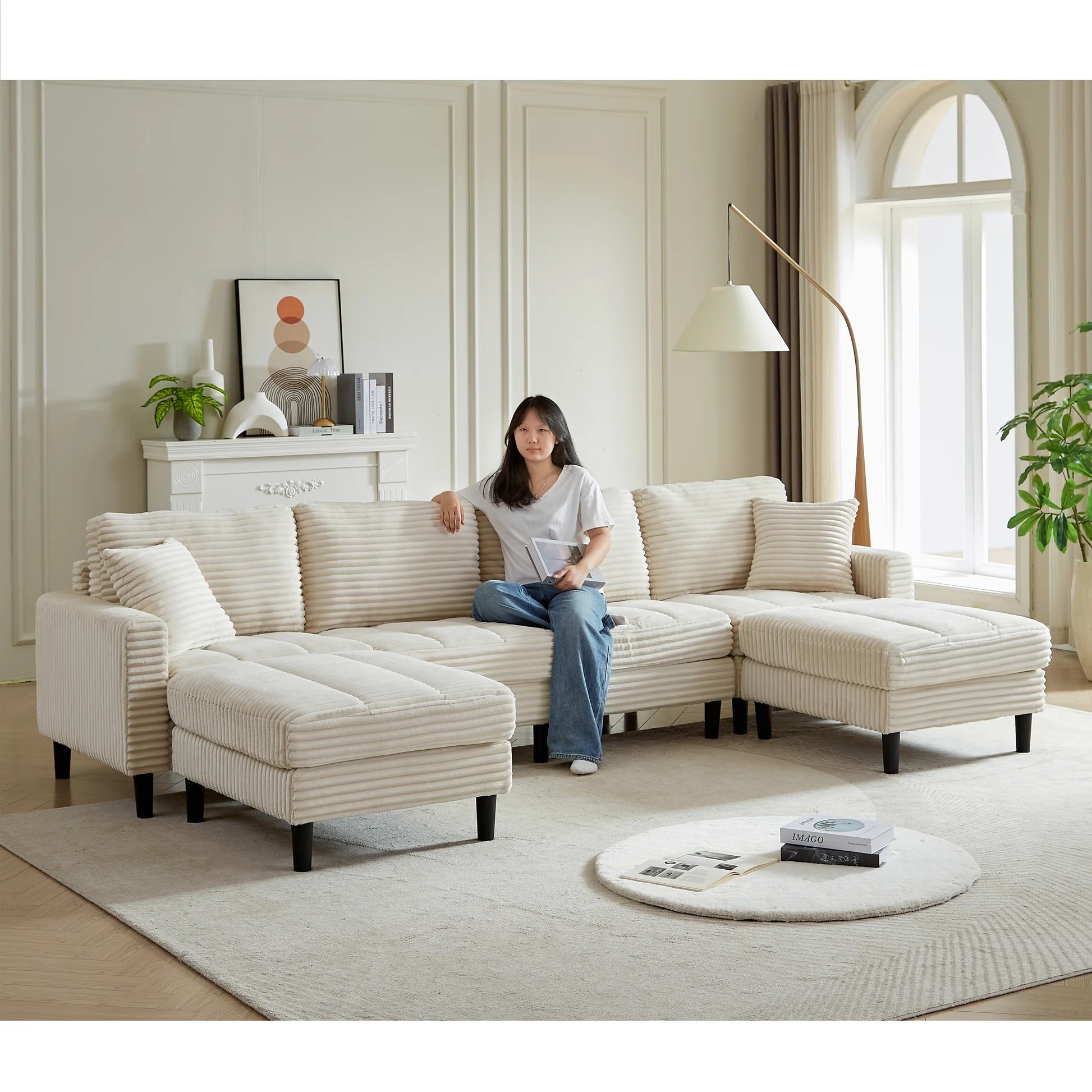 122.5-Inch Oversized U-Shaped Modular Sofa, Corduroy Fabric Sofa, Living Room Sectional Sofa with 2 Pillows, Two ottoman, plastic leg, Beige W1193S0012263889029222273120