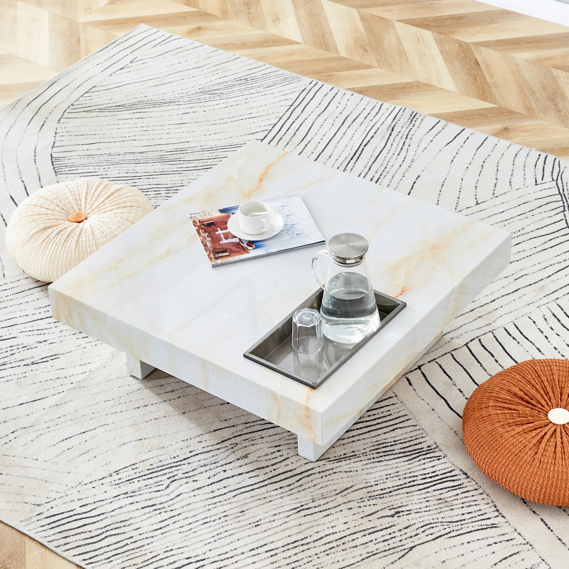Una mesa de centro moderna y práctica con patrones de mármol artificial, hecha de material MDF. La fusión de elegancia y moda natural 31.4'* 31.4'* 12 ' W115111988163932122245250120