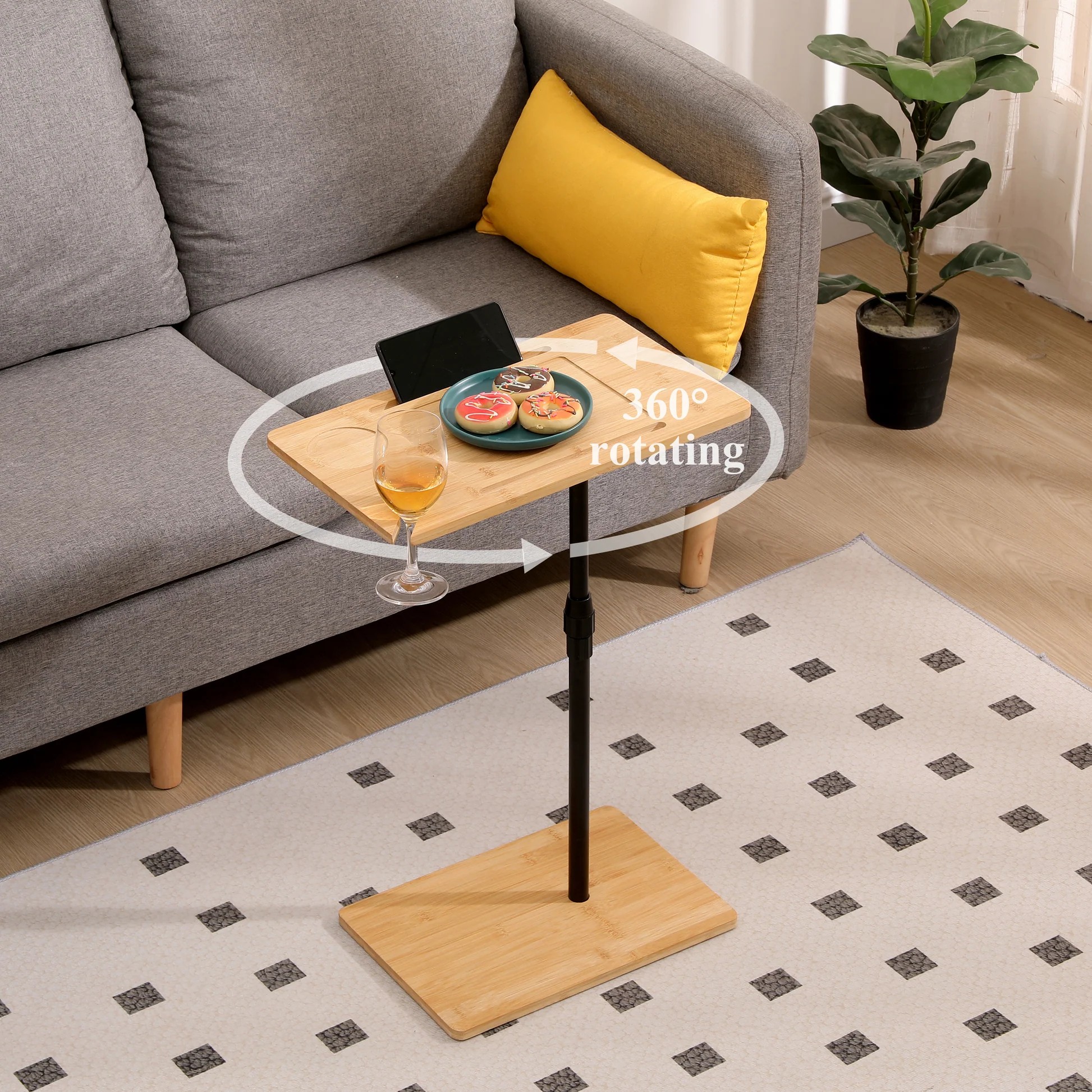 Mesa auxiliar de bambú, mesa con forma de C ajustable en altura con ranuras, mesa lateral de 2 niveles para sofá para sala de estar y dormitorio (rectángulo + rectángulo) W1757P17966463947395145091121