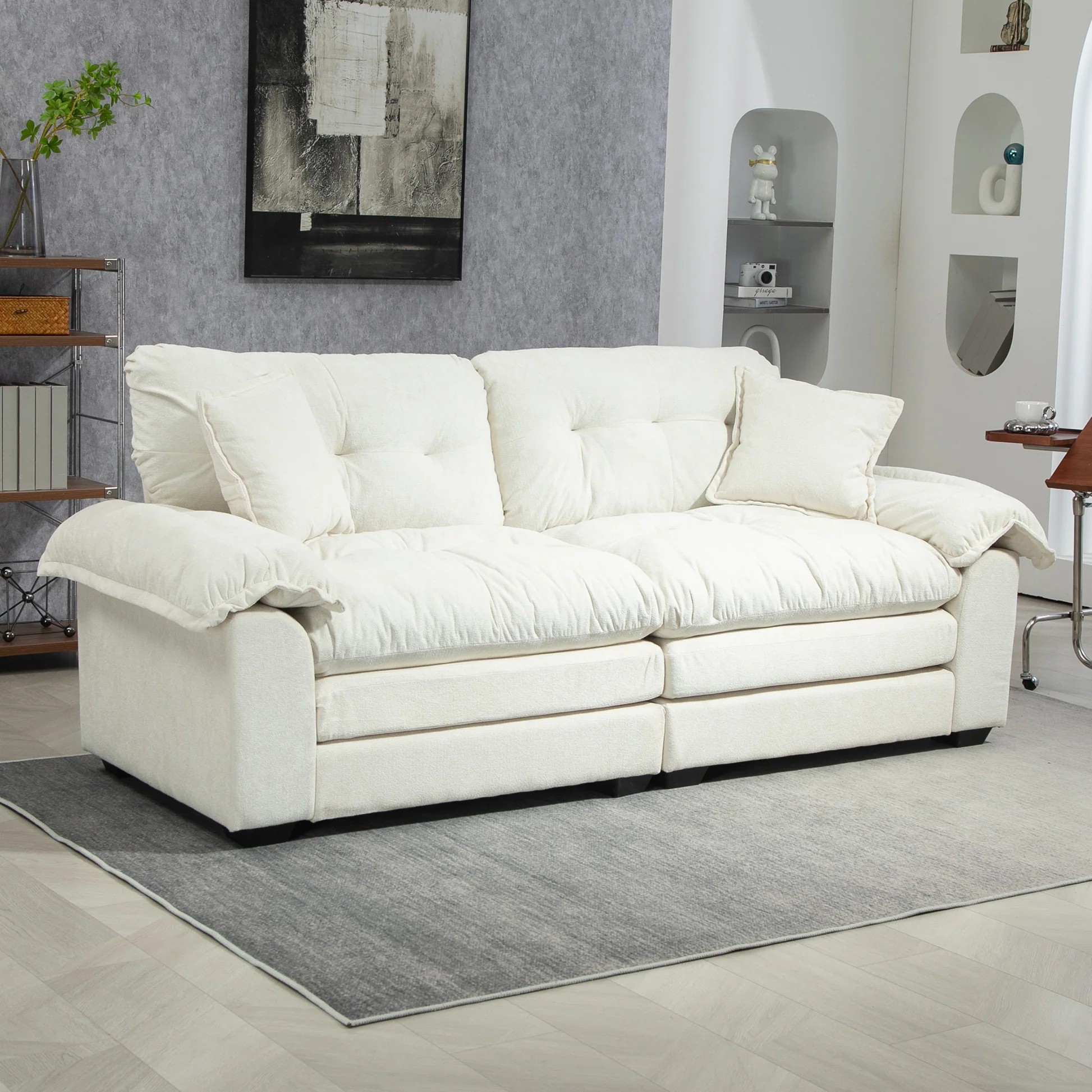 84' Chenille Sofa Small Sofa Loveseat Deep Seat Sofa Couch with 2 Throw Pillows & Memory Foam for Living Room Apartment Office Lounge-Beige W676S0001163887502449793120