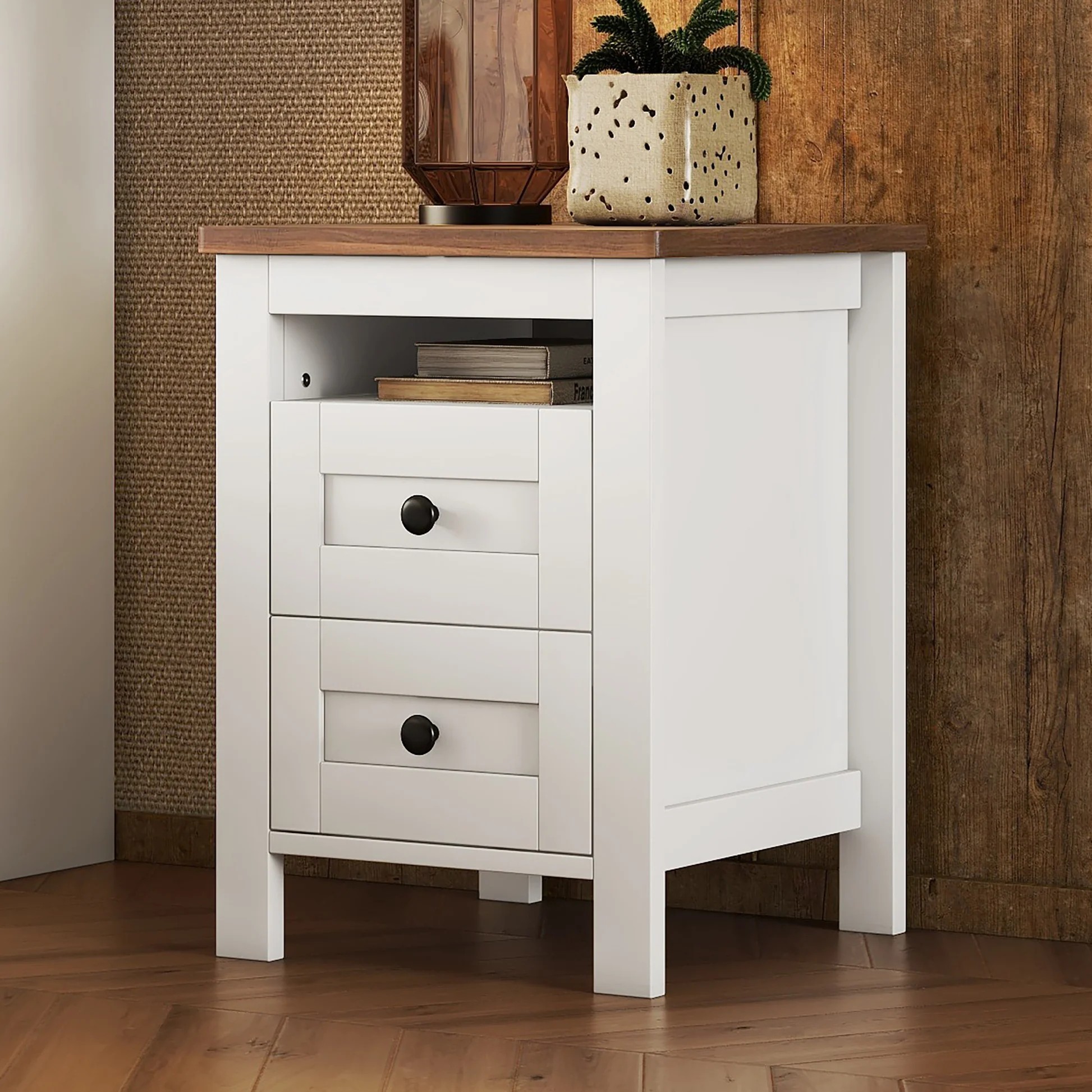 Mesita de noche de granja con 2 cajones y diseño bien proporcionado y líneas elegantes, mesa lateral de madera con gabinete de almacenamiento para dormitorio, blanco+marrón WF317945AAK63999377187842120