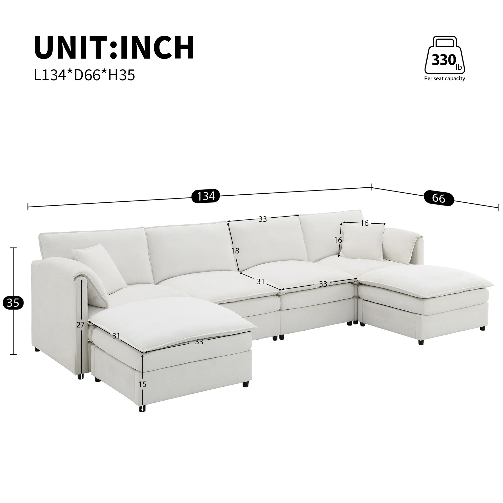 [VIDEO proporcionado] [Nuevo] Sofá seccional modular Chenille 134*66', conjunto de sillón nube en forma de U con cojines dobles, sofá cama de 6 asientos con otomanas, mueble grande para interiores para sala de estar, 3 colores63876926329987122