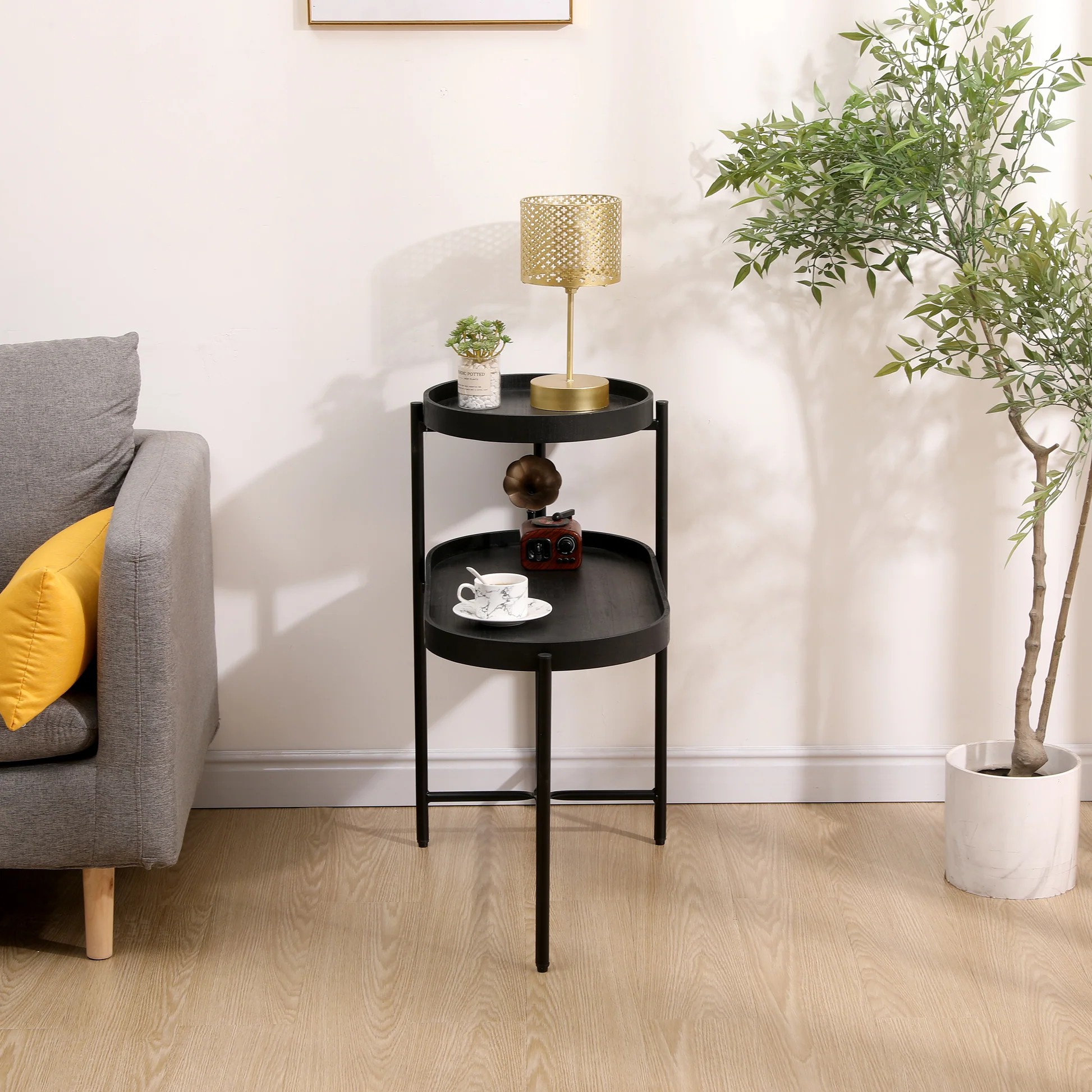 2-Tier Black Side Table with Storage Sofa Table for Living Room Metal Frame & Wooden Desk End Table W175710475263947579291779121