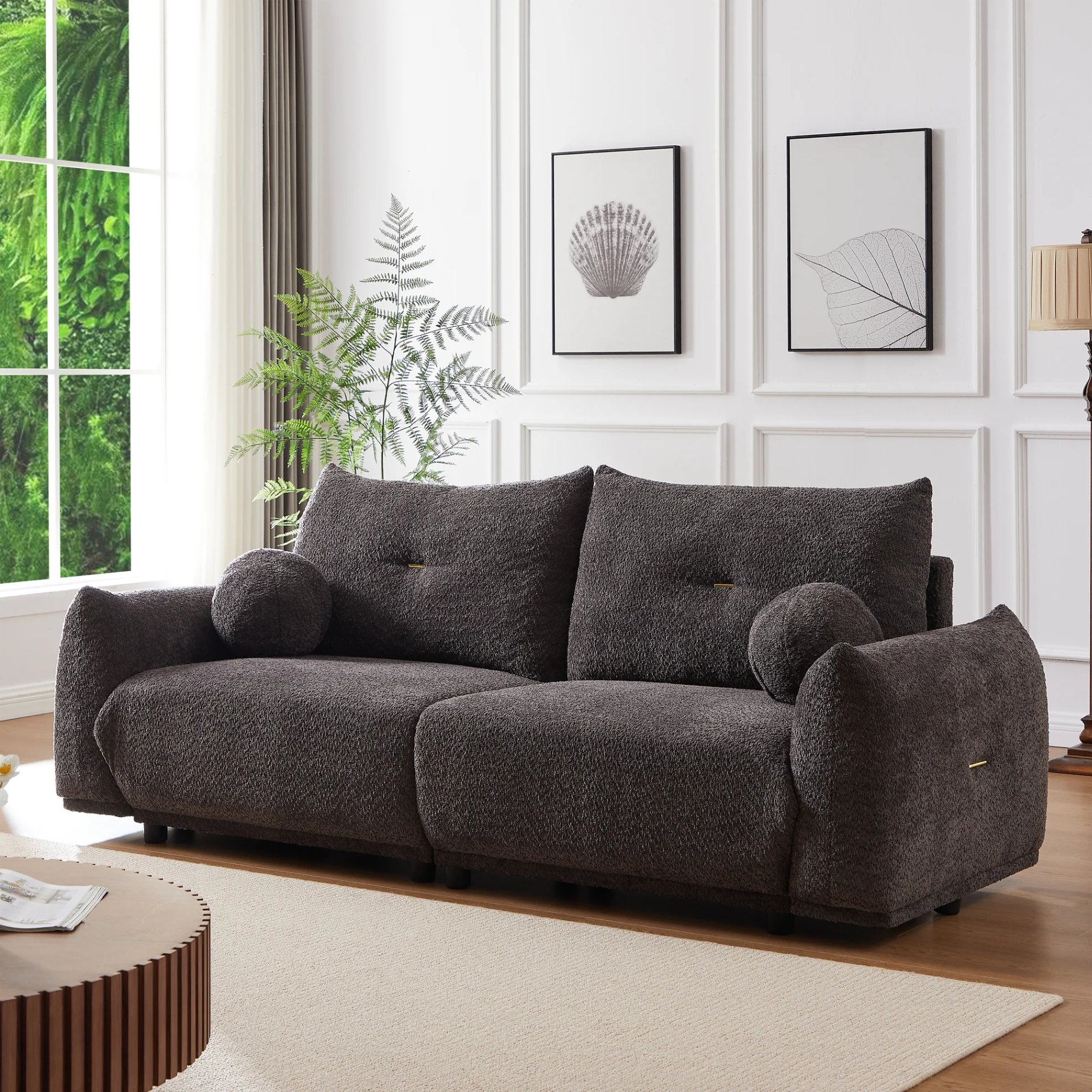 Mid-Century Modern Lamb's Wool 2-Seater Cushion Sofa in Gray Fabric with Cushions and Ball Pillows W1957S0000363909196873219120