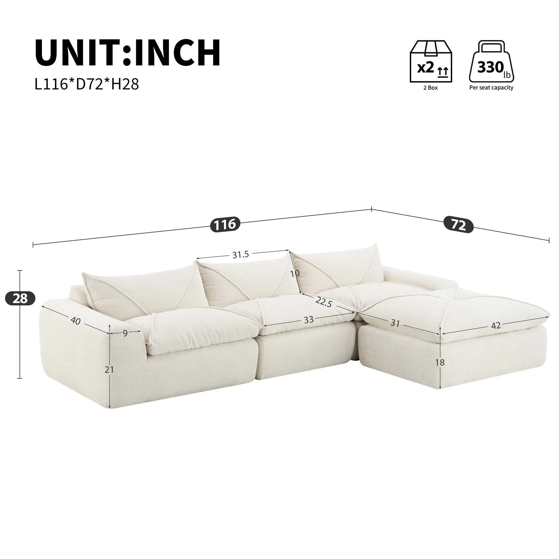 [VIDEO proporcionado] Sofá de 116'' completamente comprimido con espuma de alta densidad, sin montaje requerido, diseño sin patas ni estructura, respaldo y asiento integrados, combinación libre, chenilla particle N723S63876794941315121