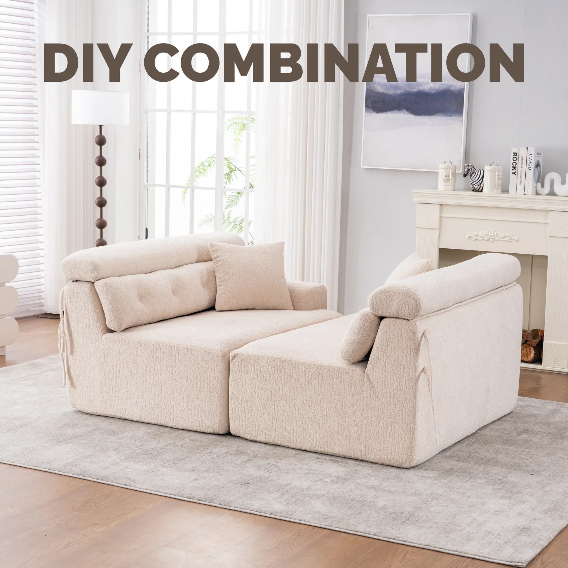 SOFÁ DE COMPRESIÓN LY-029 APRICOT: Sofá combinado de 4 plazas, tela chenilla con grano de madera, sofá de compresión completo con esponja, sofá combinado con 2 almohadas para sala de estar/Muebles para el hogar/Apartamento W2231S0002363909061981315122