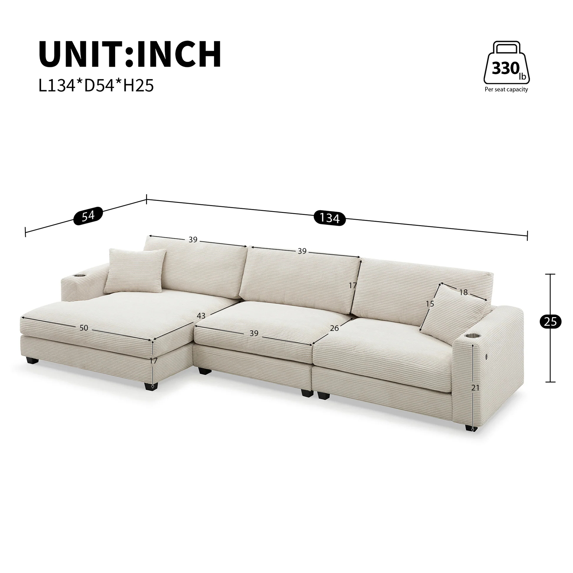 Sofá Seccional de Terciopelo con Puerto de Carga USB y Portavasos, Asiento Profundo, Sofá en Forma de L, 134*54", 3 Colores N723S0200A63888994142851122