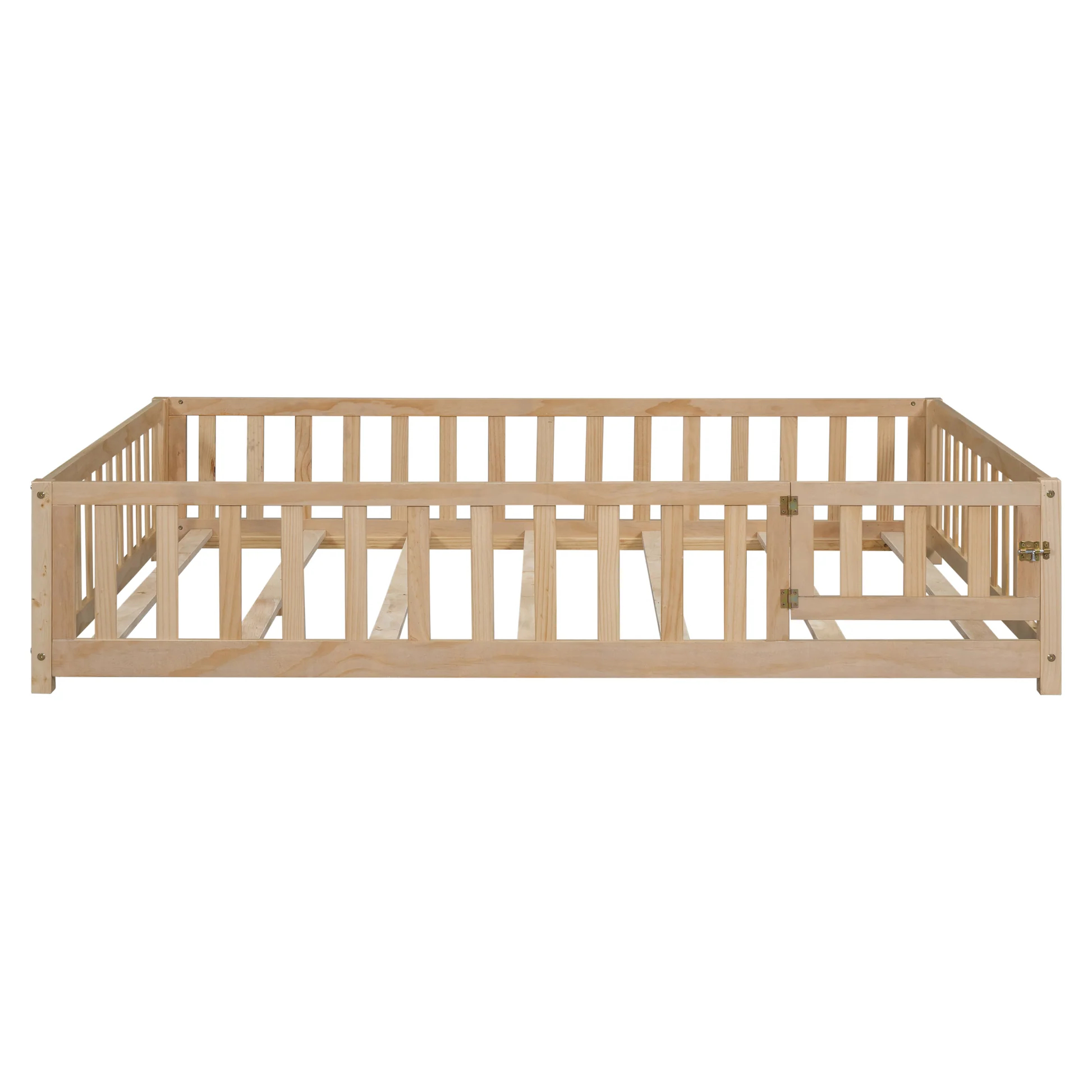 Full Size Floor Platform Bed with Fence and Door for Kids, Montessori Floor Bed Frame with Support Slats for Toddlers, Wooden Floor Bed Natural W171613214963877014156673122