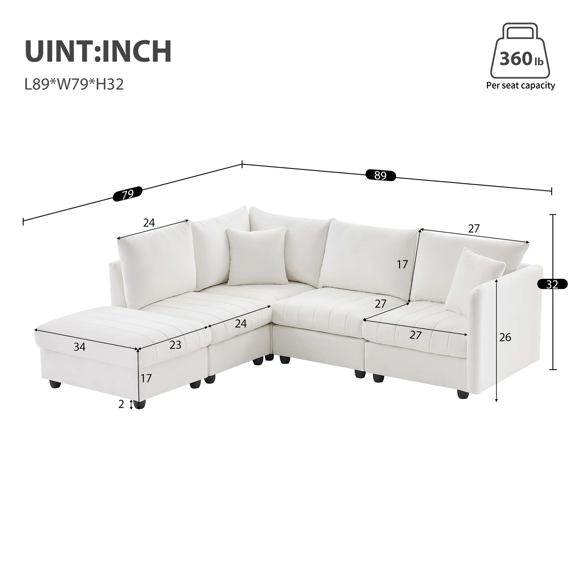 Sofá seccional modular moderno de 89*79', asiento profundo, rayas verticales, sofá esquinero de 5 plazas con otomana móvil, almohadones decorativos, mueble interior cómodo en forma de L, tipo nube, para sala de estar o apartamento, 3 colores N7263876910544769122
