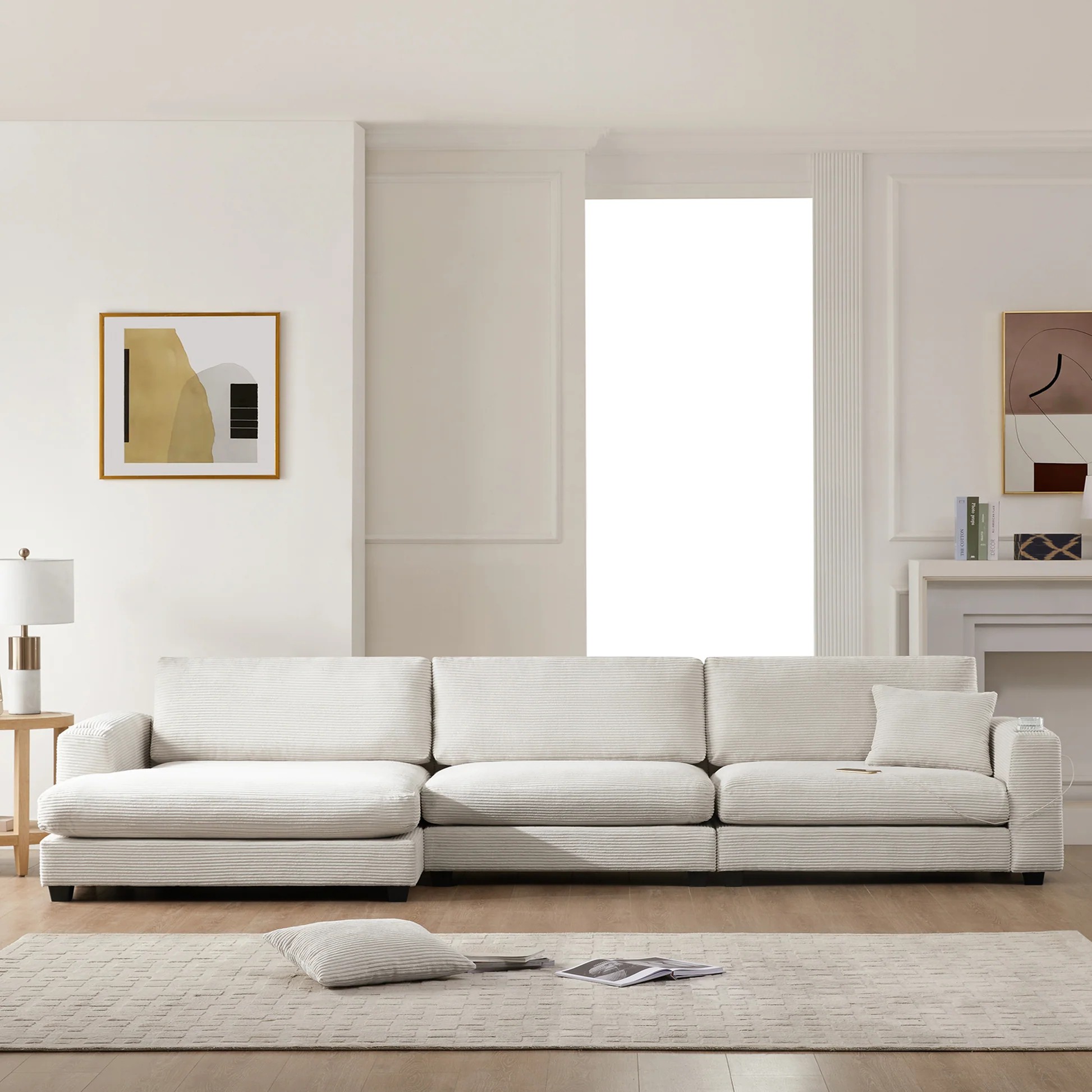 Oversized Corduroy Sectional Sofa with USB Charging Port & Cup Holder, Deep Seat, L Shaped Cloud Couch, 134*54”, 3 Colors N723S0200A63888994142851121