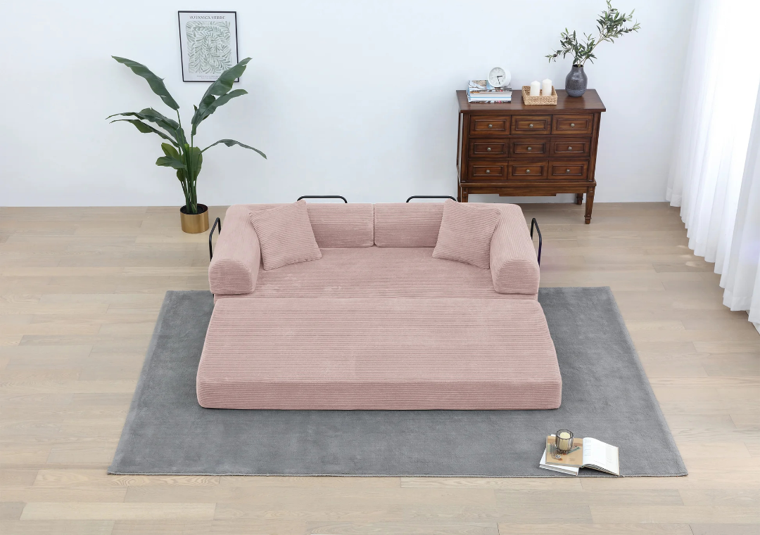 Convertible Sleeper Sofa Bed with Cylindrical Pillow - Corduroy Folding Mattress Couch with Fixed-Shape Frame for Living Room, Bedroom, Lounge, Studio - PINK W3199P31130863876896829825121