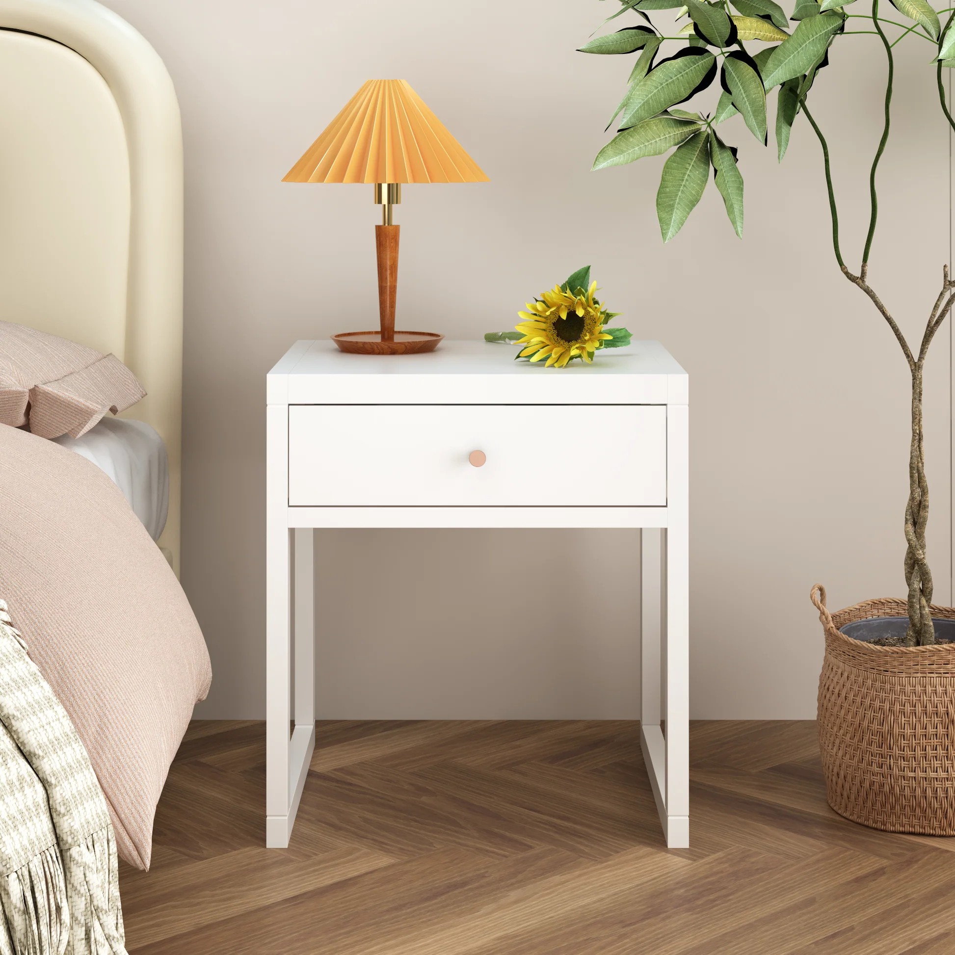 Mesita de noche moderna blanca con cajón, mesa auxiliar minimalista con tirador de madera, mesa compacta para dormitorio, apartamento o espacios pequeños, fácil montaje W808P29801263989295845122120