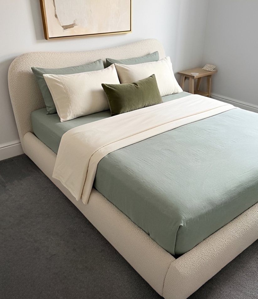 Cream Boucle Bed Frame with Mattress, Delivery Available