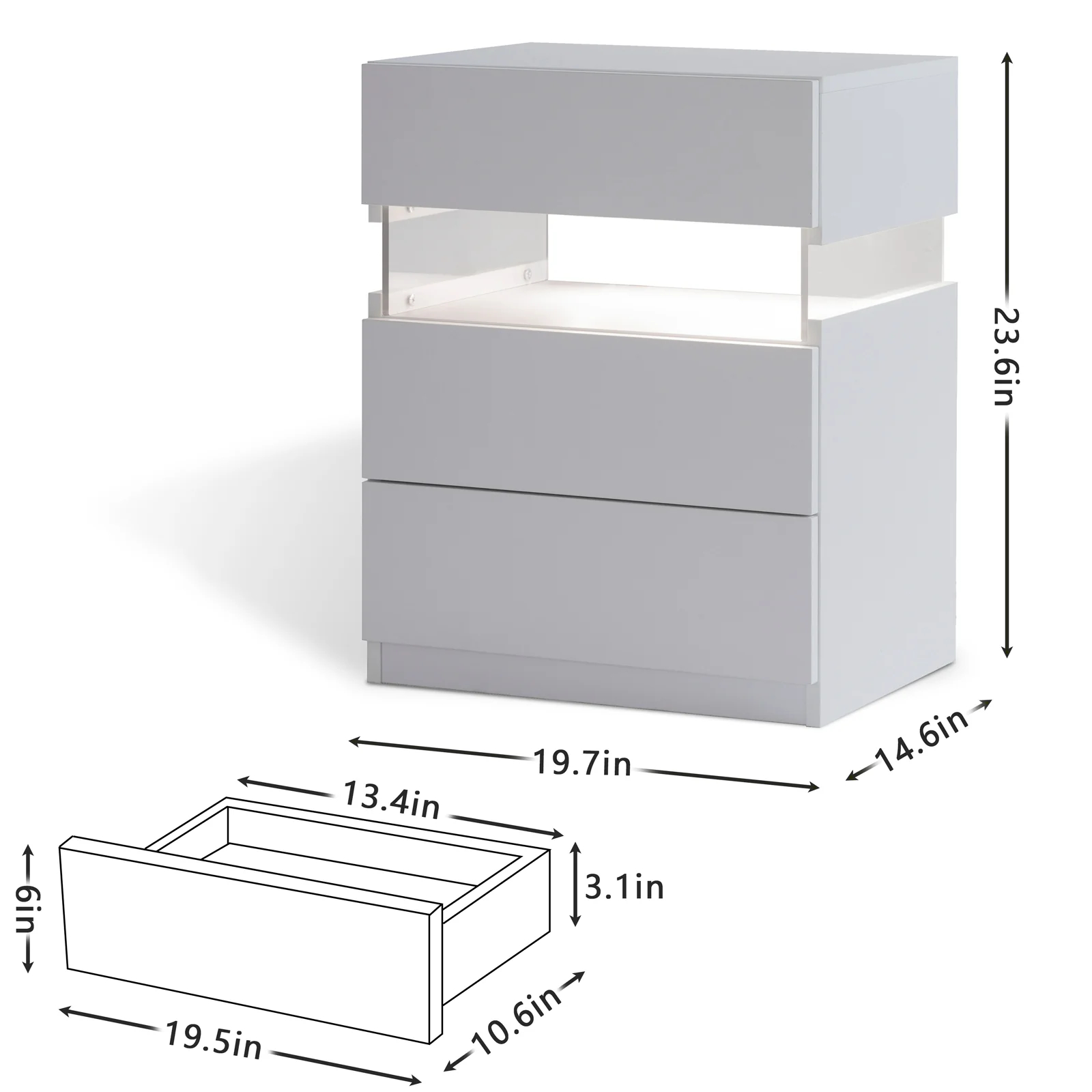 LED Nightstands 3 Drawer Dresser for Bedroom End Table with Acrylic Board LED Bedside Tables for Bedroom Living Room Bedside Furniture (White) W217813209263999190052610122
