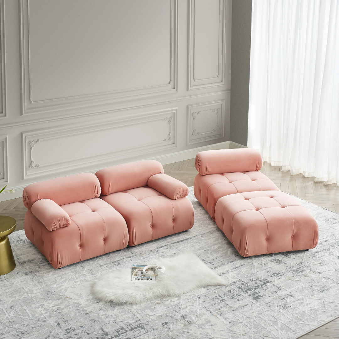 Sofá Seccional Modular, Diseño con Botones Acolchados y Combinación DIY, Sofá en Forma de L con Otomana Reversible, Terciopelo Rosa W1413S0001863876491354113120