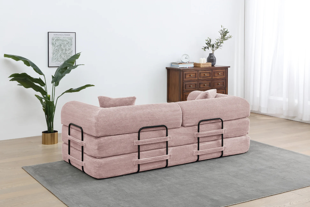 Convertible Sleeper Sofa Bed with Cylindrical Pillow - Corduroy Folding Mattress Couch with Fixed-Shape Frame for Living Room, Bedroom, Lounge, Studio - PINK W3199P31130863876896829825122