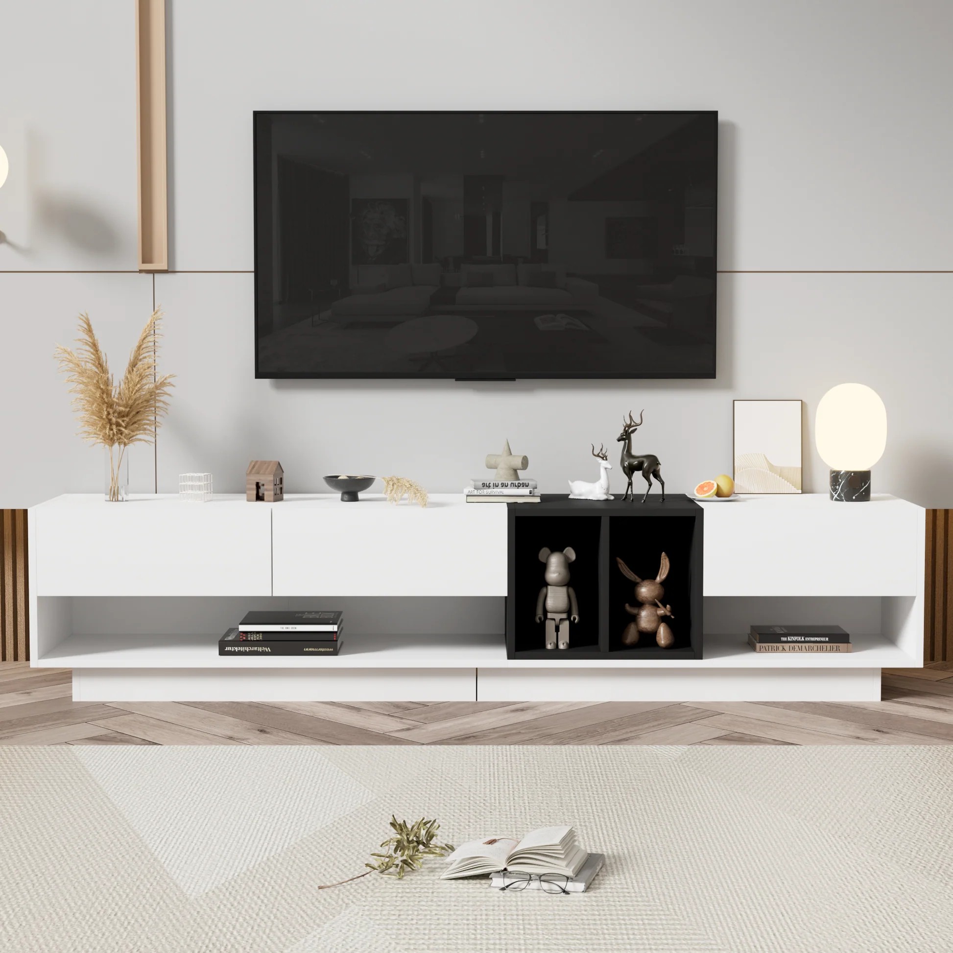 Soporte moderno y elegante para televisión con solución de almacenamiento perfecta, consola de medios bicolor para televisores de hasta 80'', gabinete funcional para TV con compartimentos versátiles para sala de estar, blanco WF311772AAK63956400998146121