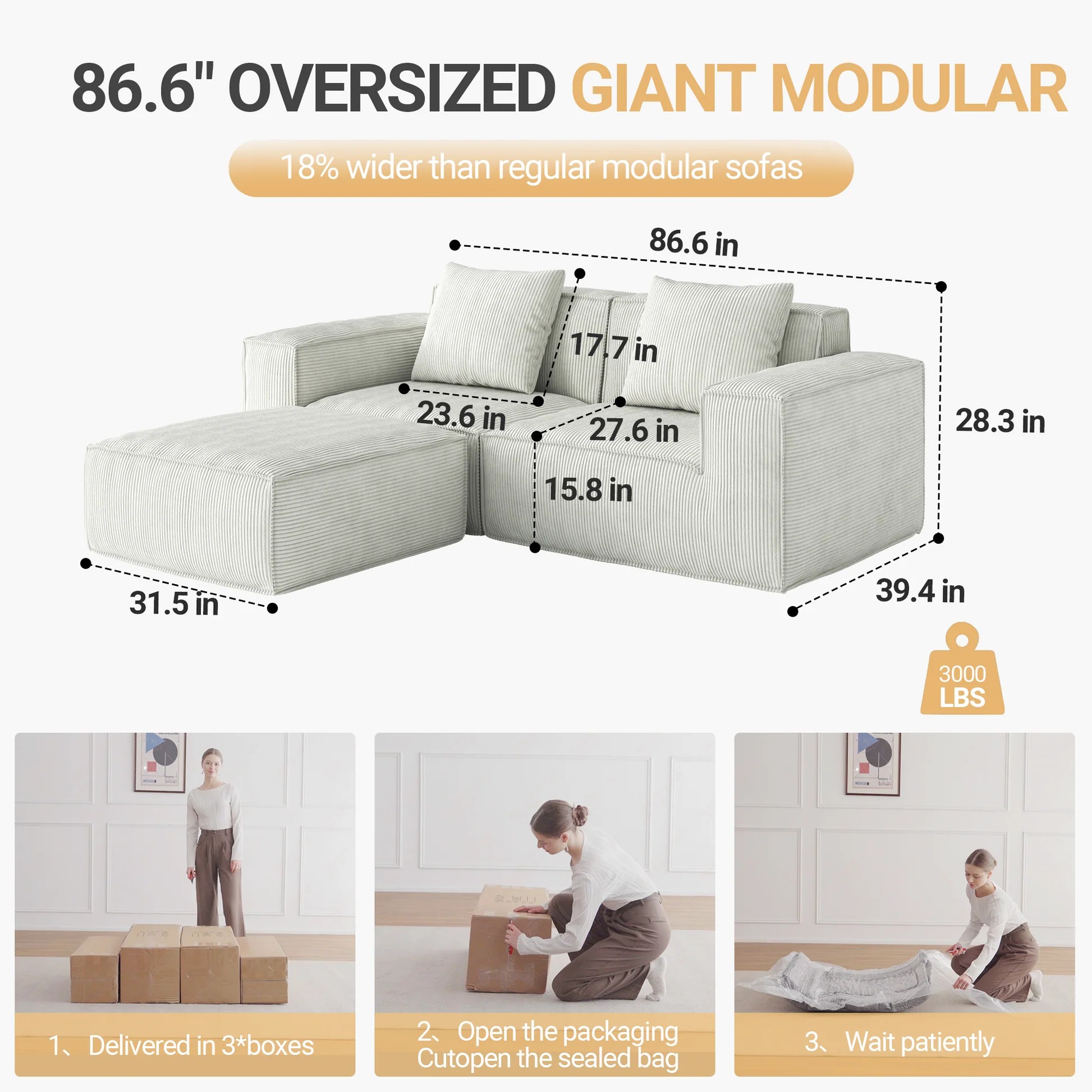 sofá modular se puede convertir en una cama de sofá extragrande Juego de sofá con conversión libre, configuración flexible, tela suave de terciopelo acordonado tipo nube, combinación para dos personas con reposapiés - blanco W3147S0000763909219709314122