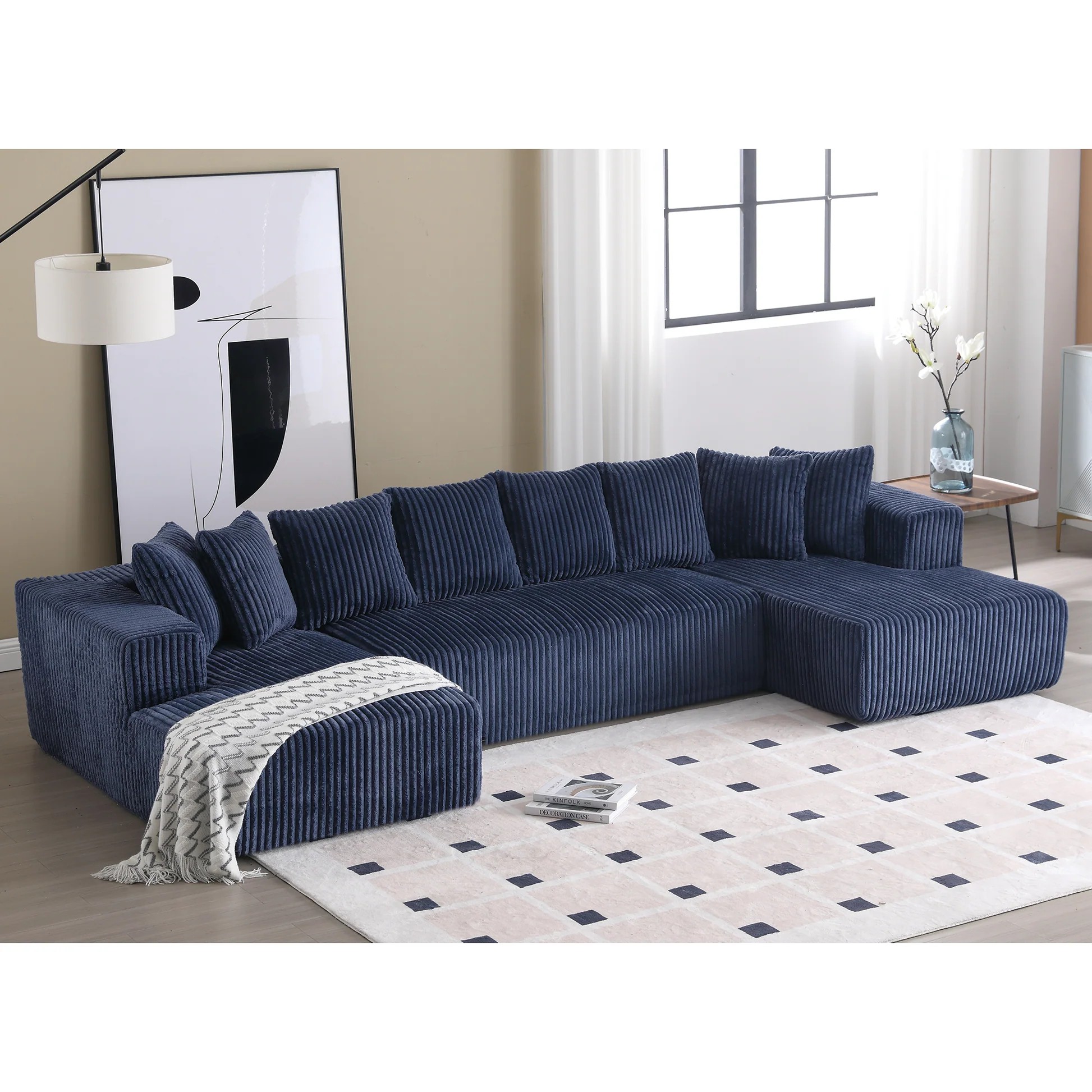 [NUEVO LLEGADO] [VIDEO PROPORCIONADO] Sofá Seccional Modular de 133.45'', Sofá en Forma de U, Chaise Lounge, Tela a Rayas, Sofá Tapizado de 4 Plazas para Sala de Estar, Sofá de Combinación Libre (Pana), Azul W2108S063901969323010120