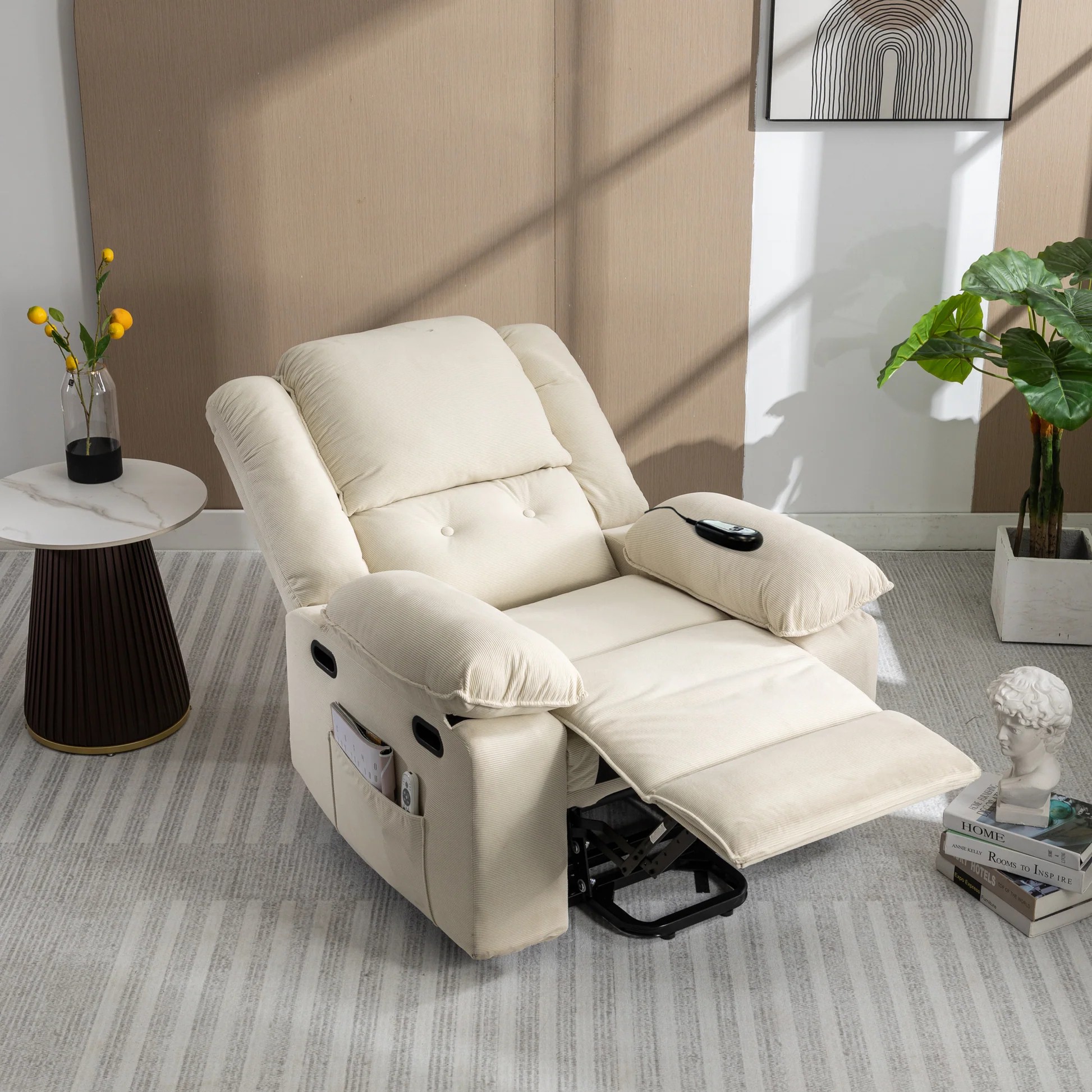 Modern Power Lift Recliner Chair with Adjustable Massage and Heating Functions in Beige Corduroy N719P243150A63909619634818122