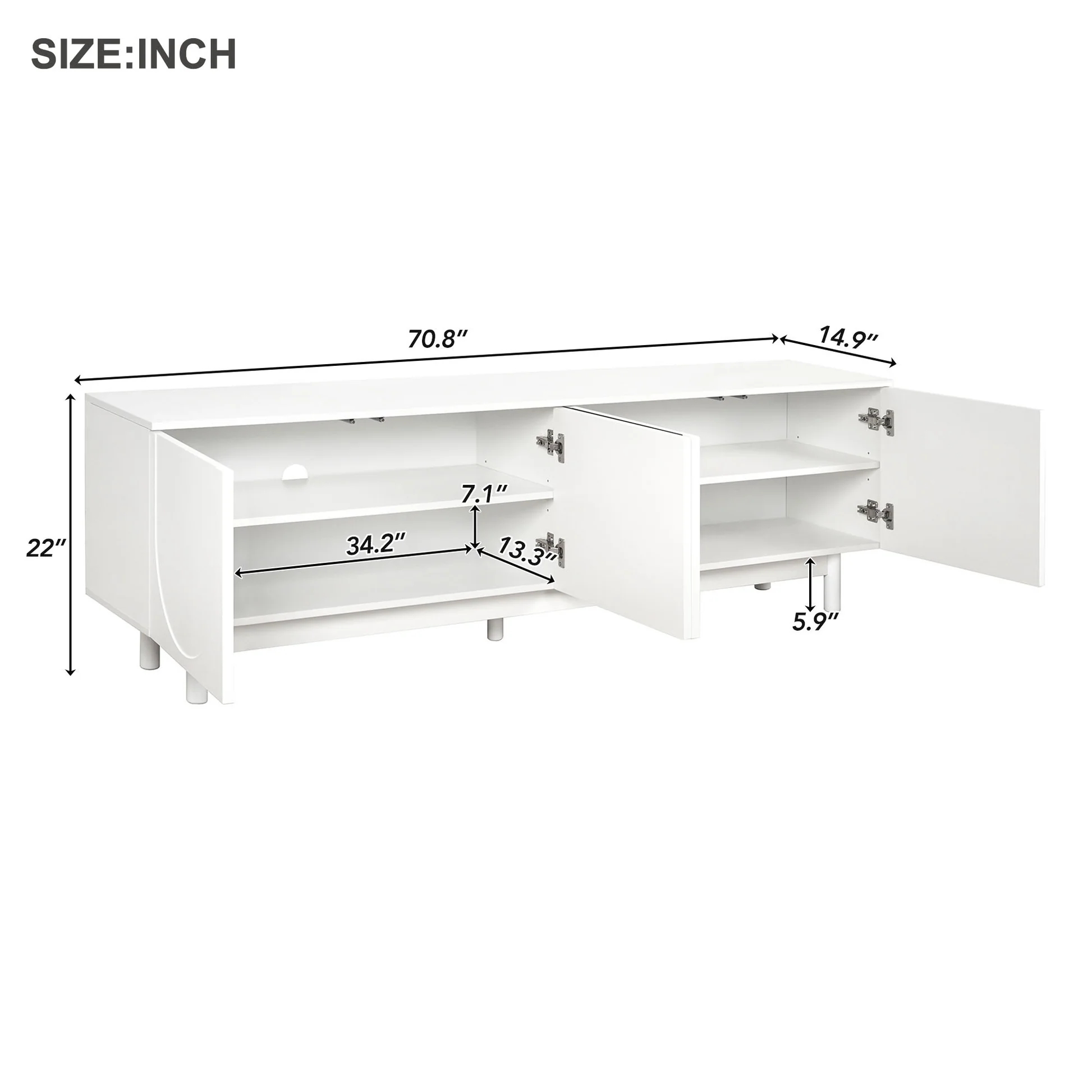 ON-TREND Graceful TV Stand with Arch Cabinets for TVs Up to 78'', Minimalist Entertainment Center with Solid Wood Legs, Practical Media Console with Adjustable Shelves for Living Room, White WF325999A63956806682370121