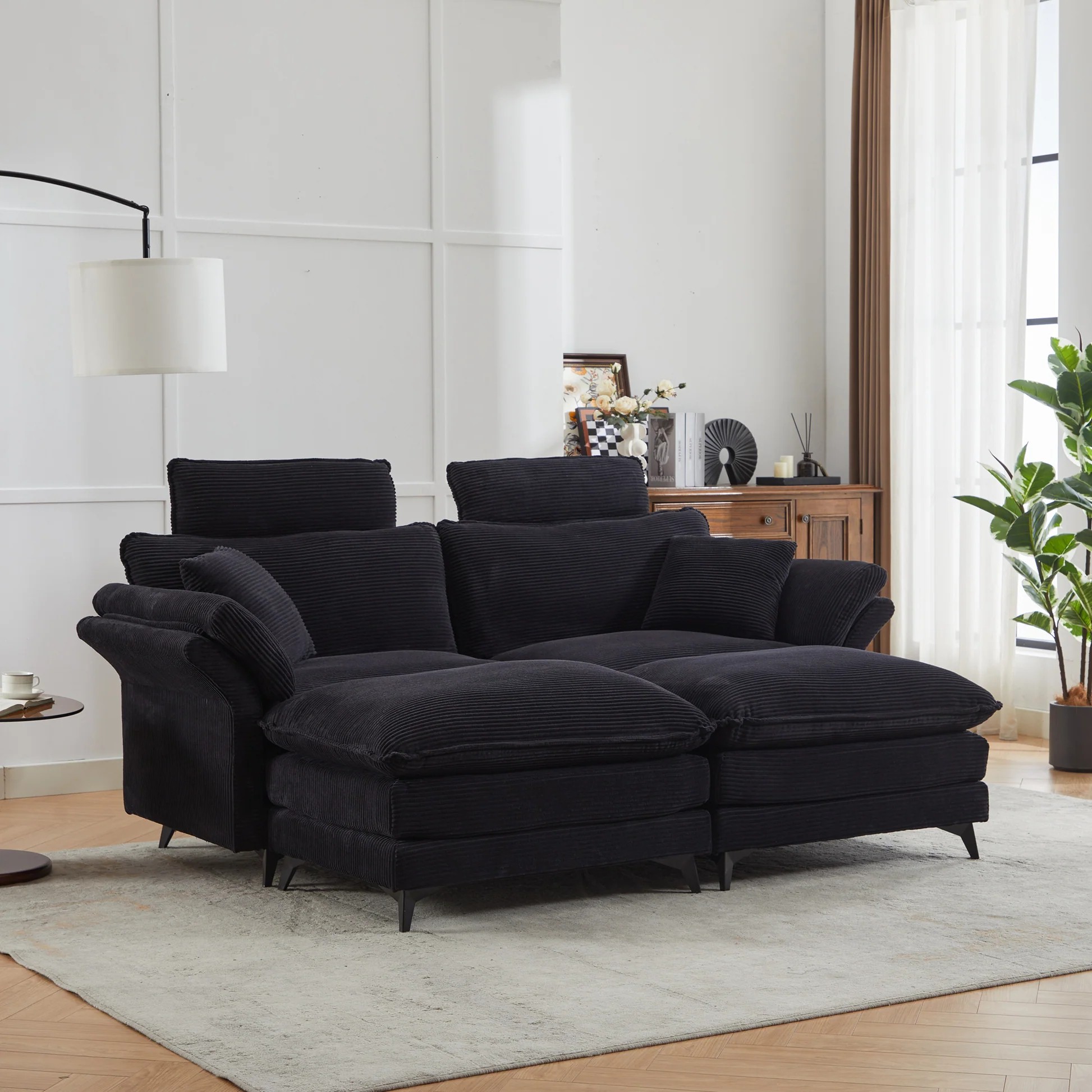 [VIDEO/New] Deep Seat Sectional Sofa, Comfortable Cloud Sofa with Ottomans, loveseat Sofa, 85.8''Modern Corduroy Upholstered Sectional Sofa for Living Room, Apartment, Studio, Office (Black). W2120S0063887490727681120
