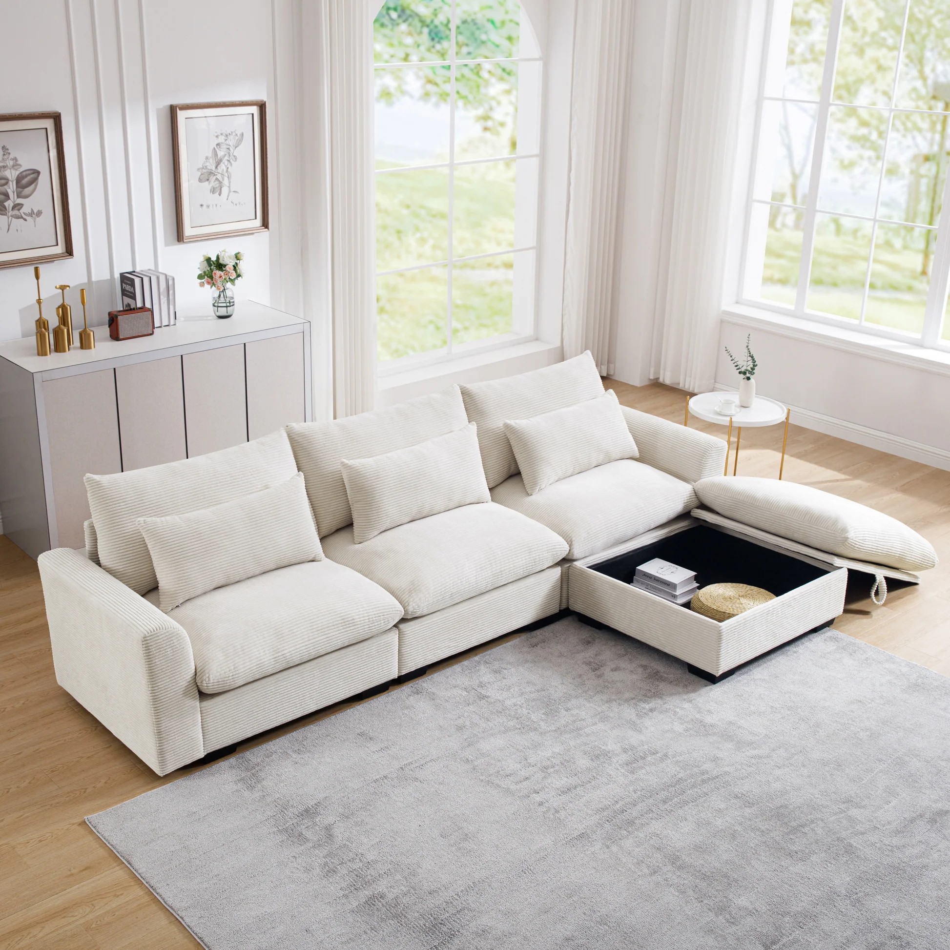 Sofá seccional de pana, sillón en forma de L con taburete de almacenamiento y 3 almohadas, sofá seccional para sala de estar apartamento, beige W714S0064163886850871939120