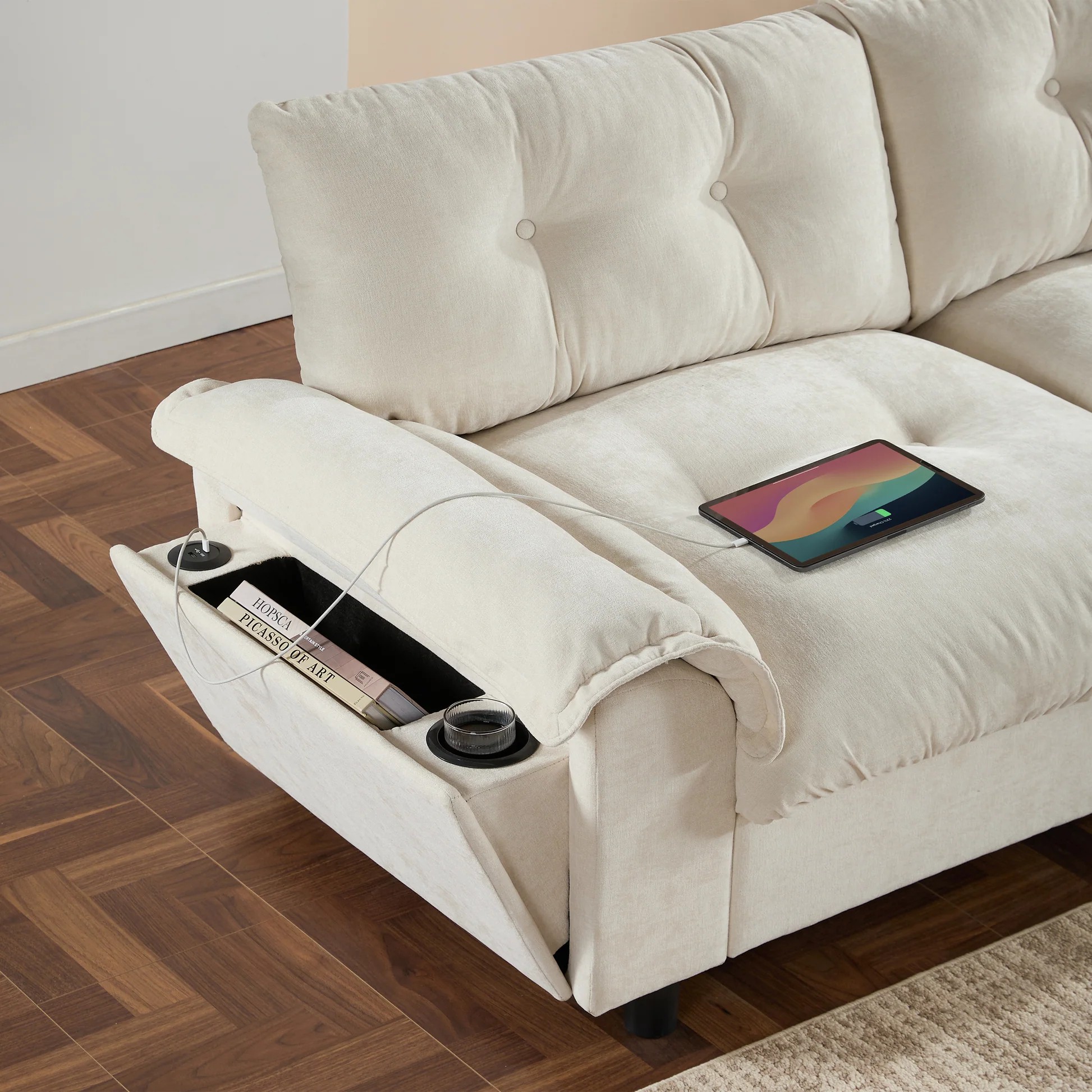 [VIDEO]104*60' Sectional Sofa, L-Shape with Multifunctional Armrest, Dual-Port Charging, Cup Holder, Side Storage Pockets, Movable Storage Ottoman, Unique Tufted Design, Soft Cushion, Chenille,3colors63889077277185122