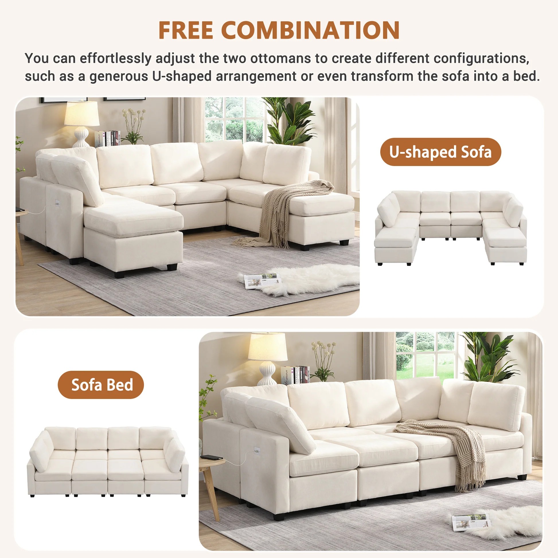 103' Sectional Sofa Couch Sofa Bed U-shaped Sofa with Two Movable Ottoman and Three USB Ports for Living Room, Beige N719S001620A63886863328259122
