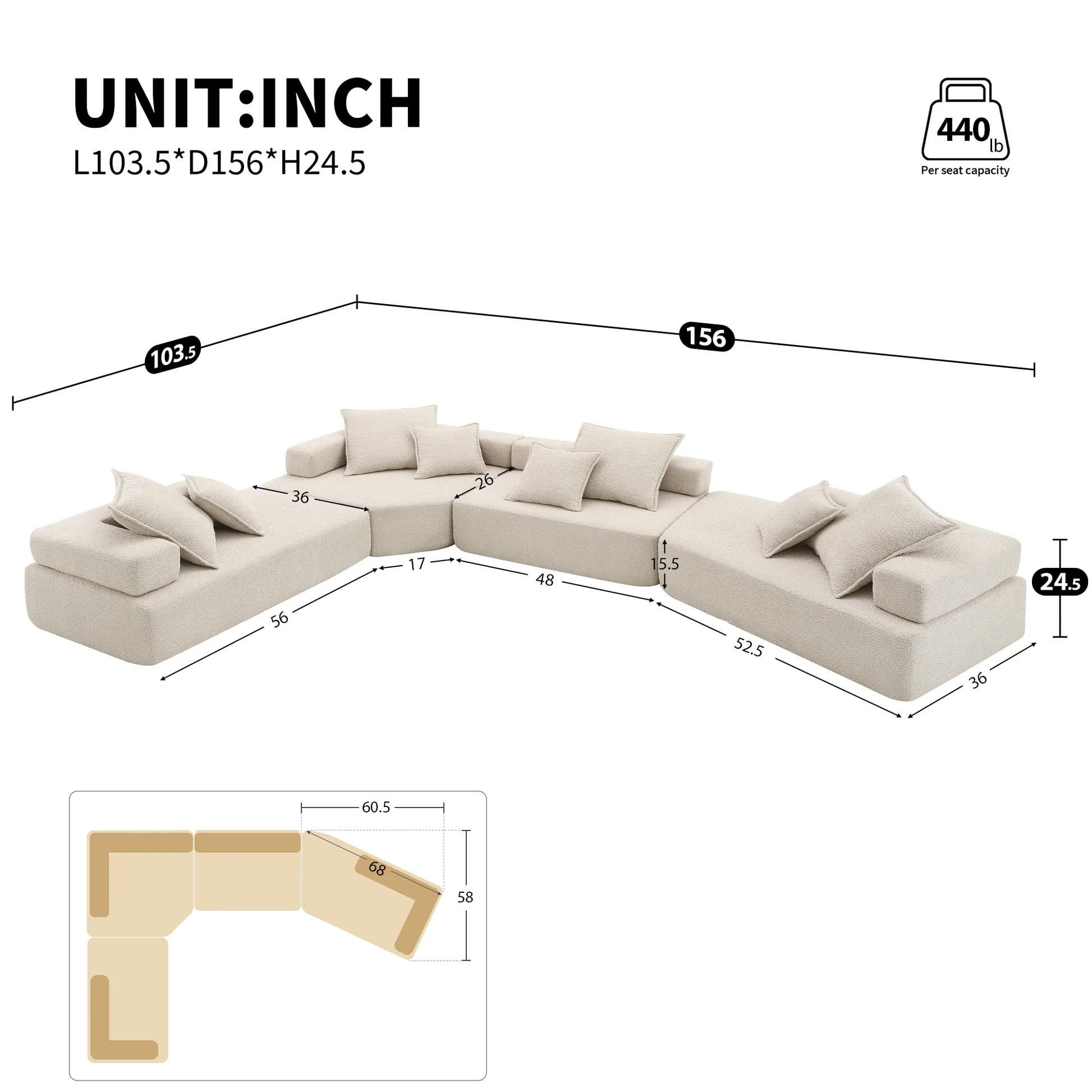156''Oversized Modular U Shaped Sectional Sofa,Luxury Boucle Floor Couch Set,Convertible Compressed Couch,Spacious Foam-Filled Sofa for Living Room,4 PC Free Combination,2 Colors N723S1290A63876978381187122