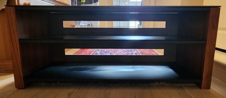 Dark wood TV unit with glass shelves for sale