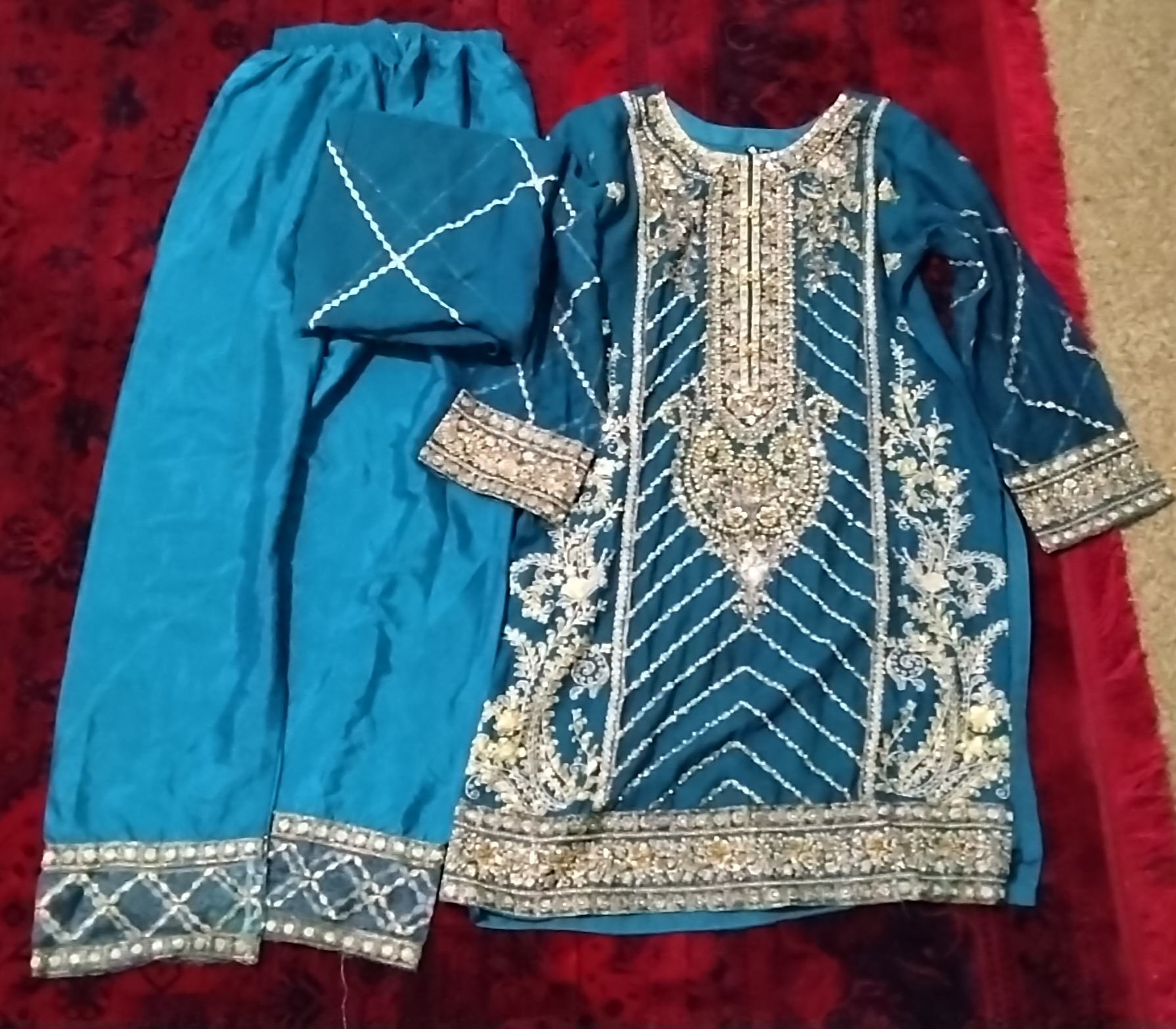 Blue Kurta Set with Silver Embroidery for Sale