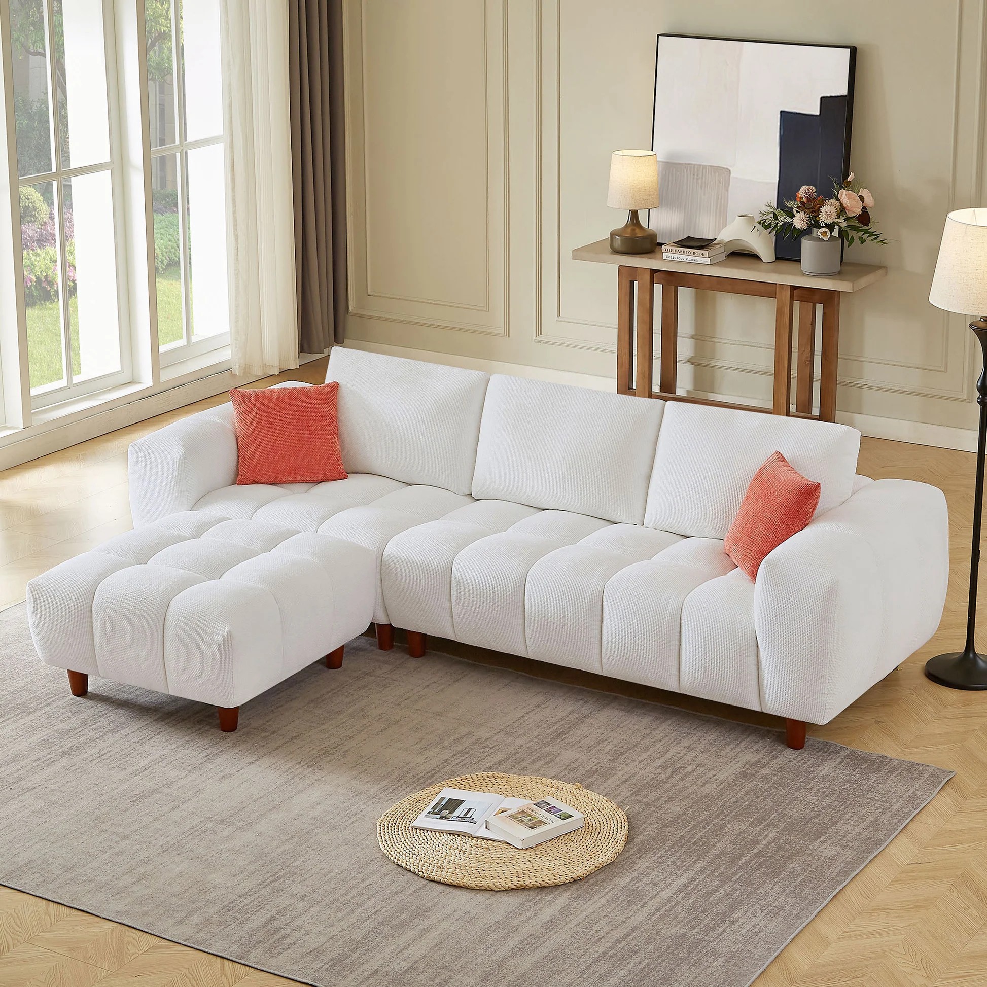 111.81 Inch Convertible Sectional Sofa Couch, L Shaped Sofa with Fabric Couch,Modern Design Cream Style Marshmallow Sofa for Living Room and Office,White W2582S0000763887406906499120