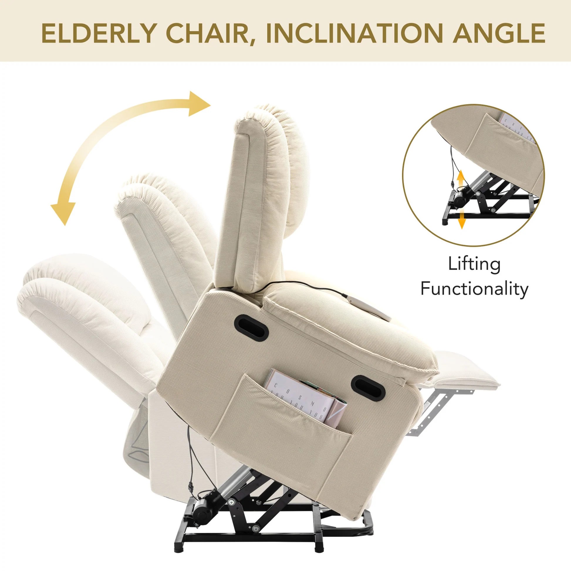 Modern Power Lift Recliner Chair with Adjustable Massage and Heating Functions in Beige Corduroy N719P243150A63909619634818121