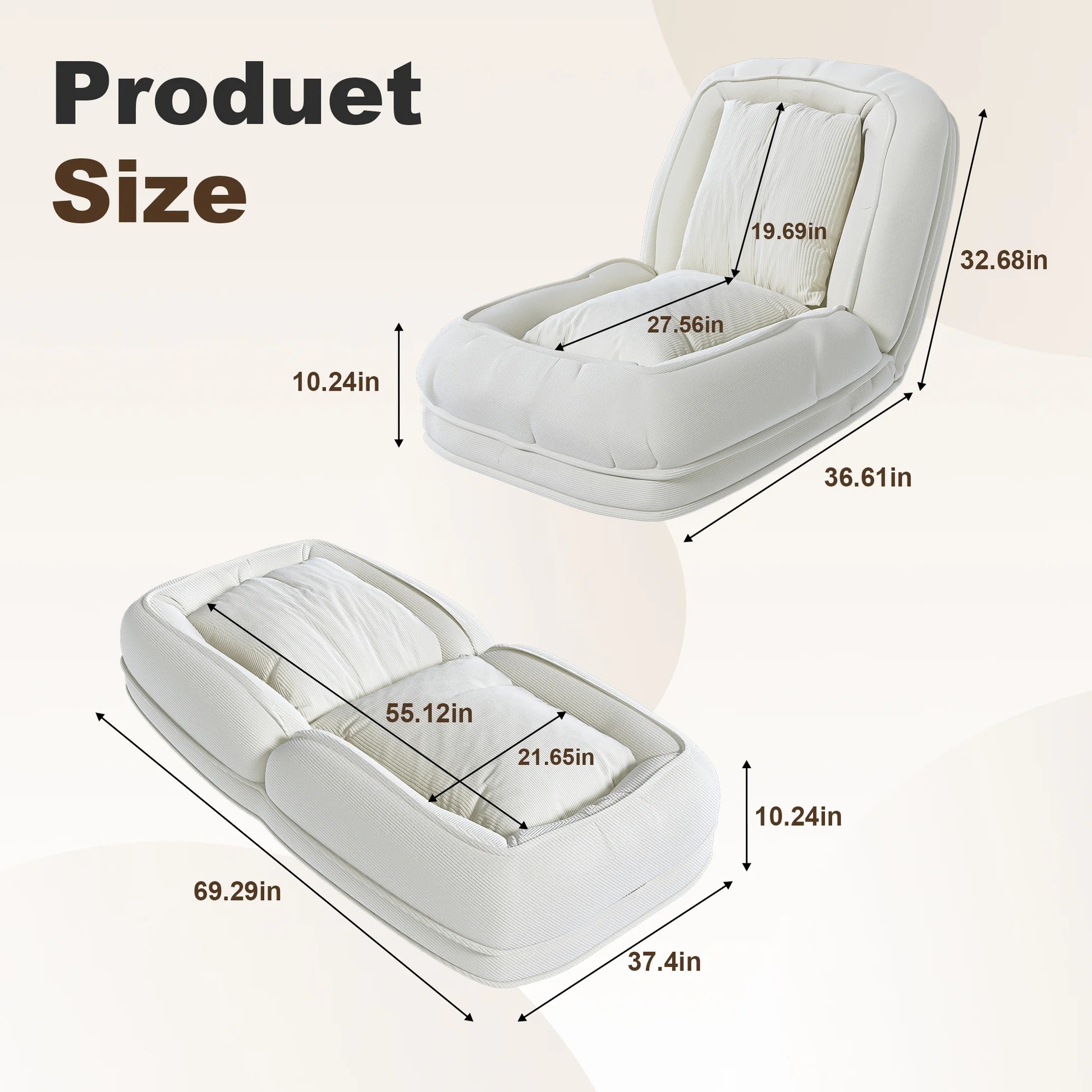 Upholstered Human Dog Bed for Adults and Pets, Foldable Lazy Sofa Bed with 5 Adjustable Positions, Off White Corduroy, 69.29 x 37.40 x 10.24 inches P32422763921092711426121