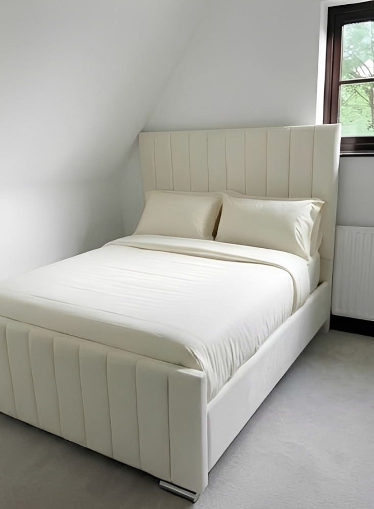 Cream Upholstered Double Bed Frame with Tall Padded Headboard