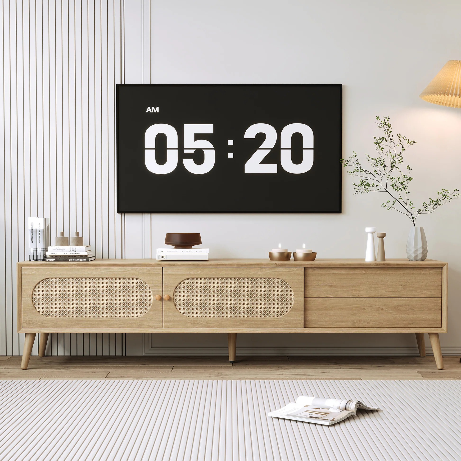 Soporte para TV Boho para televisores de hasta 80'', consola de medios moderna estilo granja, centro de entretenimiento con patas de madera maciza, gabinete de TV para sala de estar, cine en casa N710P222775P63956782723074120
