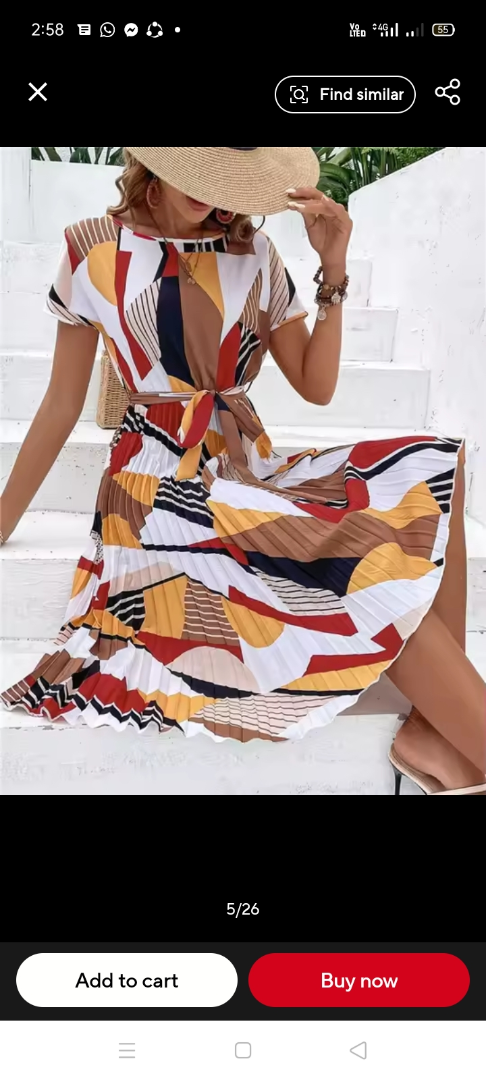 Msfilia Summer Print Pleated A Line Long DressWomen Short Sleeve High Waist Spring Round NeckChic Dress with Belt63503985095681122
