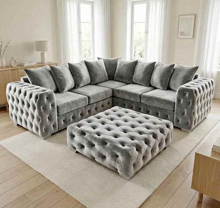 Grey Tufted Sectional Sofa and Matching Ottoman for Sale