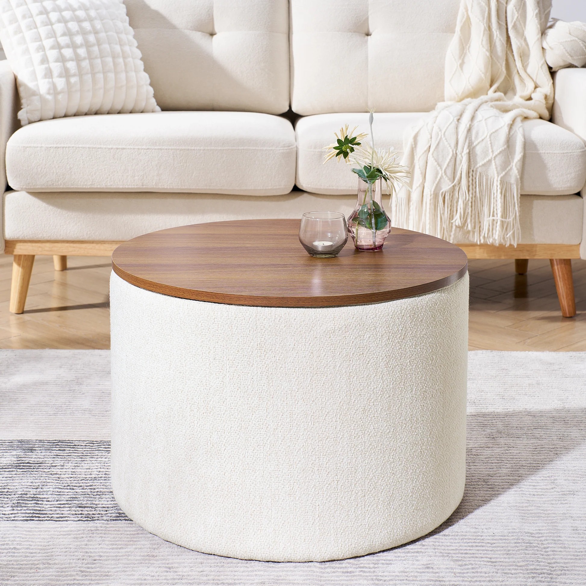 Conjunto de 2 piezas de otomana redonda de chenilla con almacenamiento, equipada con un pequeño taburete en forma de tambor, espacio de almacenamiento y panel de escritorio hecho de MDF (beige 23.62'x23.62'x16.53') W487P17960163931679979394121