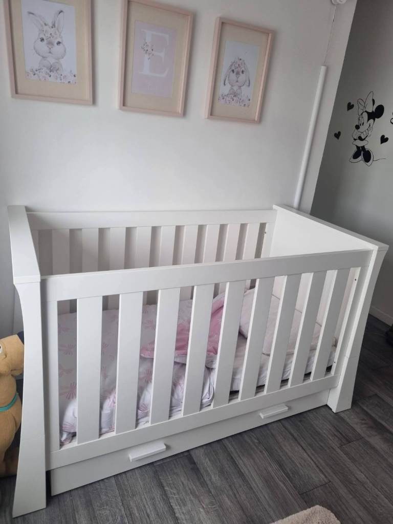 White Wooden Baby Cot with Storage - Excellent Condition