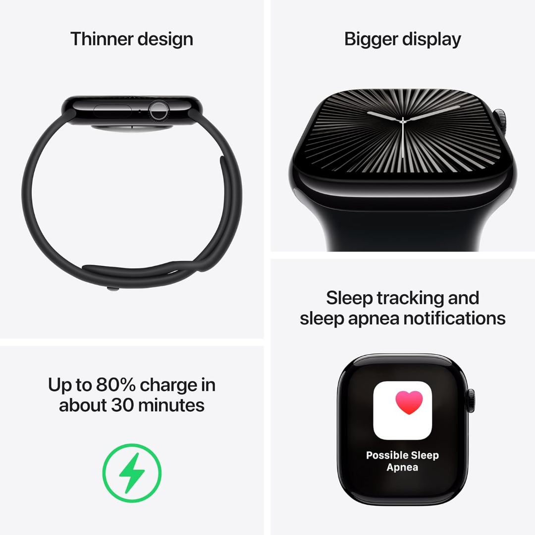 Apple Watch Serie 10 [GPS + Cellular 42 mm] con caja de aluminio en negro intenso y correa deportiva negra - Talla S/M. Rastreador de condición física Aplicación de ECG Pantalla Retina siempre activa Resistente al agua63037900740611121