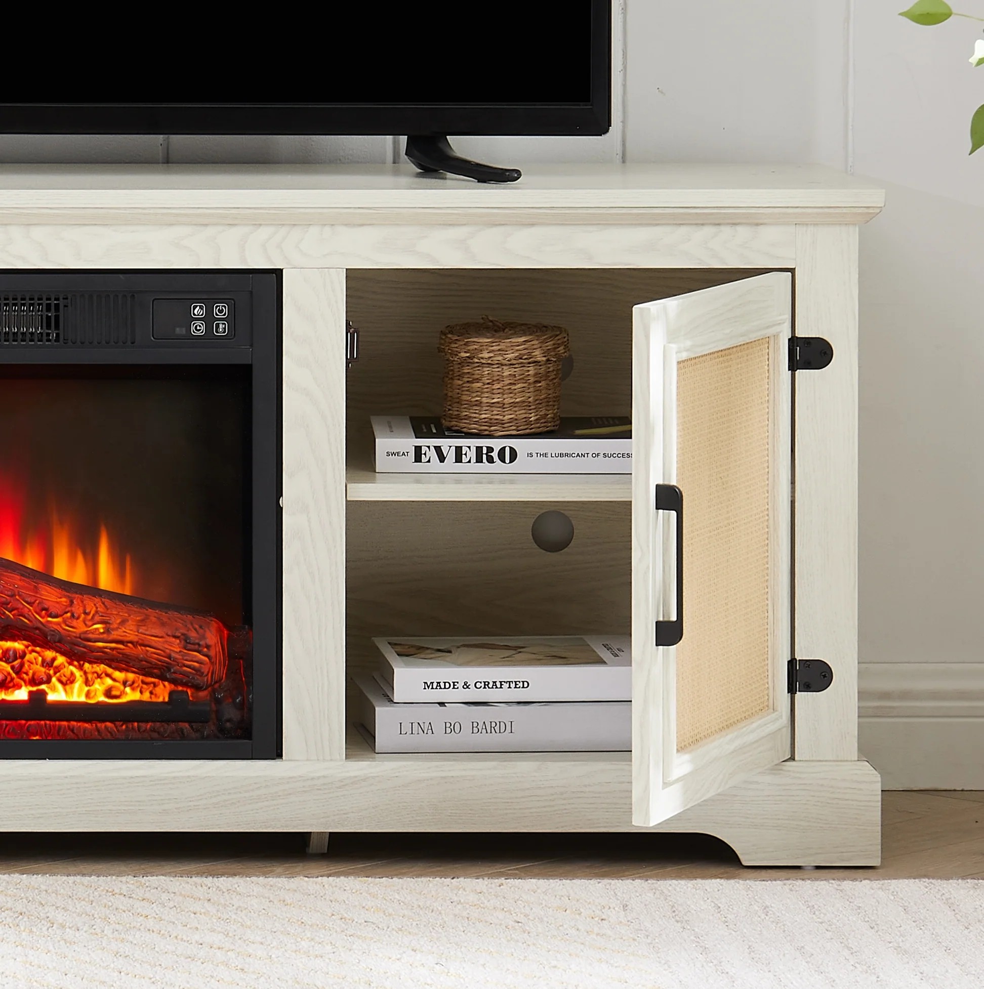 Natural Rattan Door Cabinet with Adjustable Shelf Wood, Farmhouse Rattan TV Stand Console Table for TVs up to 70 Inches, Storage tv stand with 23' fireplace insert, 65'W*15.55'D*23.86'H, White W1758S063956834221699122