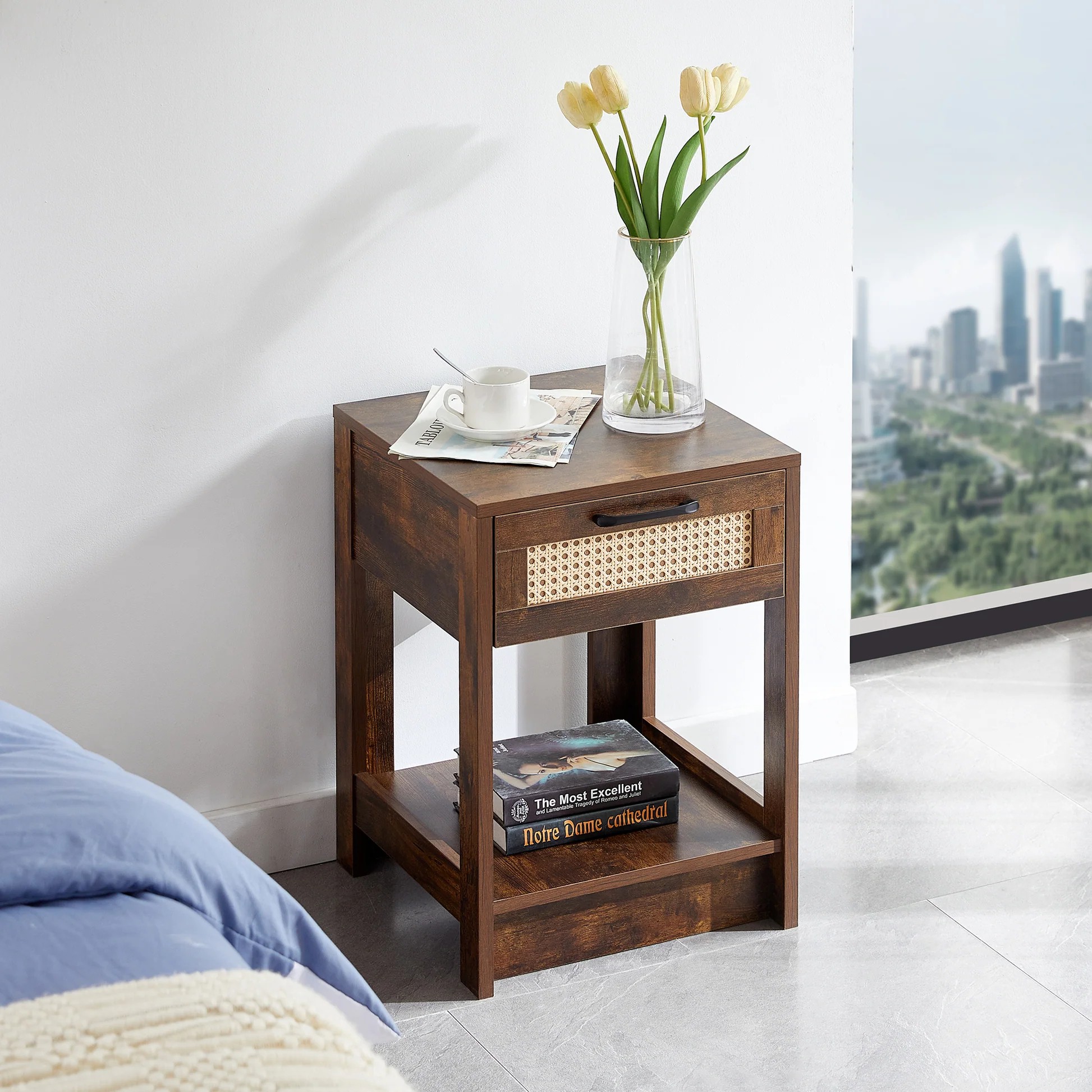 Mesa auxiliar de ratán de 15.75", mesita de noche moderna, mesa lateral para sala de estar, dormitorio, marrón rústico W12657310963999277107842120