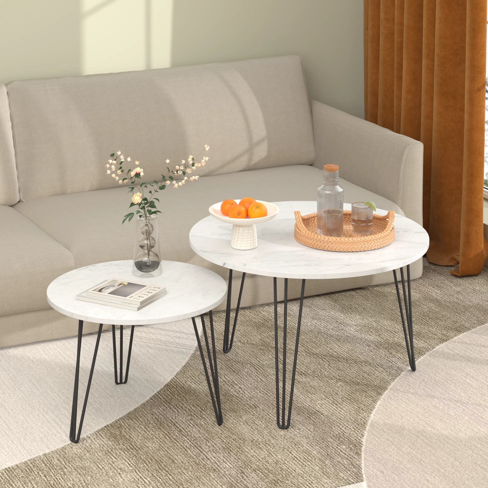 27.56'' Round Nesting Coffee Table Set of 2, Circular Nesting End Table Set, Round Marble Tabletop, and Sturdy Metal Base for Living Room, bedroom, White W808P17673763932022654211122