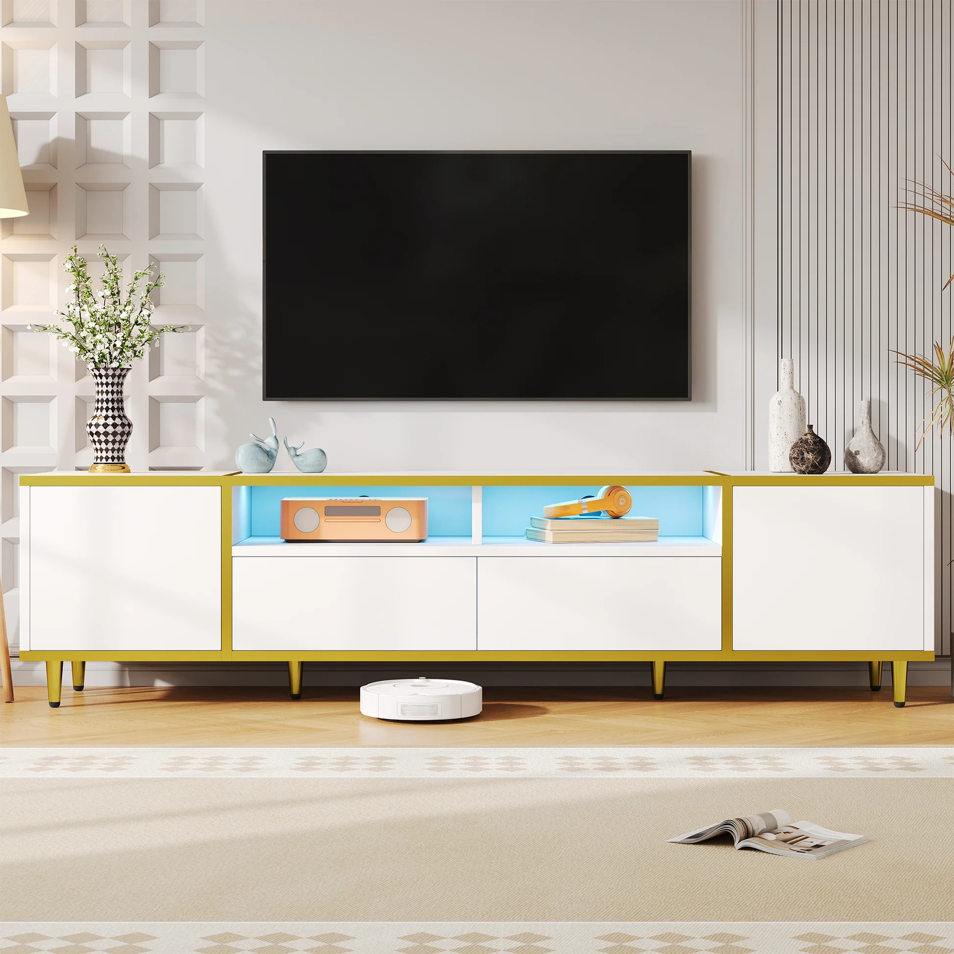 U-Can 70.9'' Modern TV Stand for TVs up to 80 Inches, Entertainment Center with 2 Shelves and LED Lights, TV Storage Cabinet with 2 Drawers, 2 Cabinets and Metal Legs for Living room N724P284377K63947701491970121