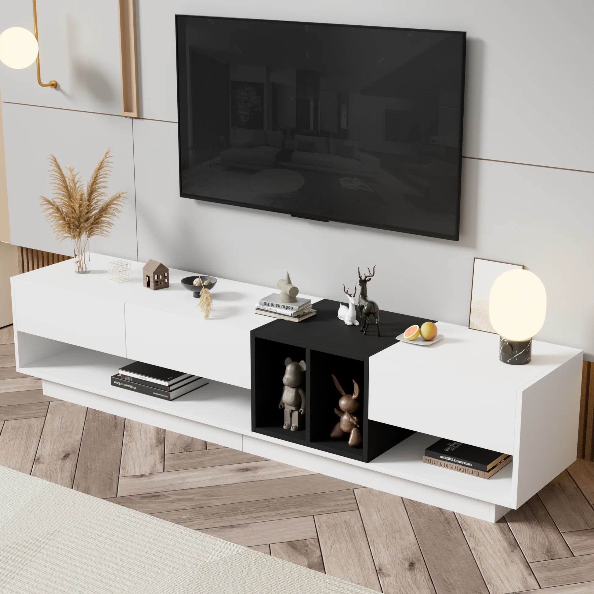 ON-TREND Sleek and Stylish TV Stand with Perfect Storage Solution, Two-tone Media Console for TVs Up to 80'', Functional TV Cabinet with Versatile Compartment for Living Room, White WF311772AAK63956400998146120